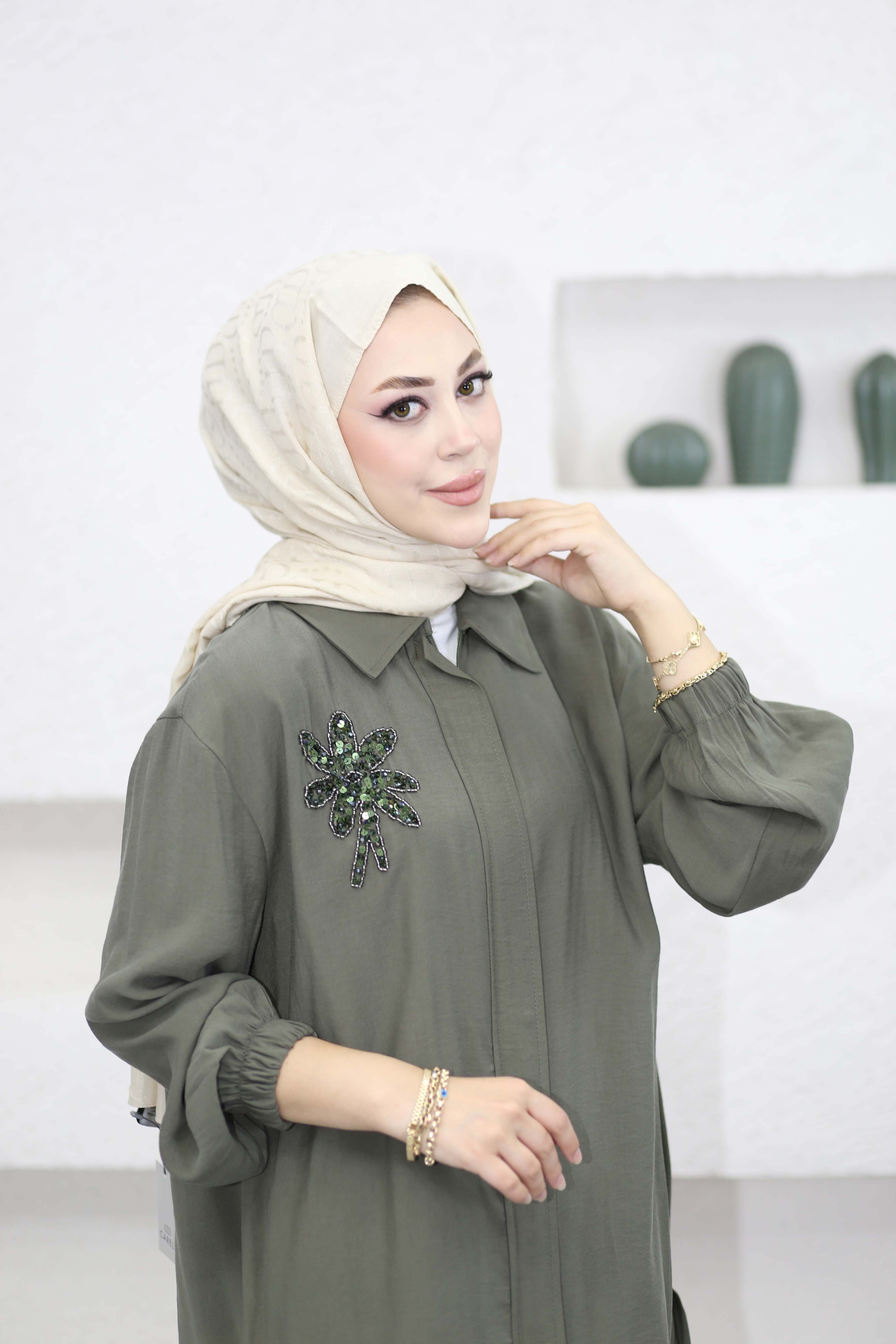 Boncuk Çamlı Tencel Kap Haki 7558