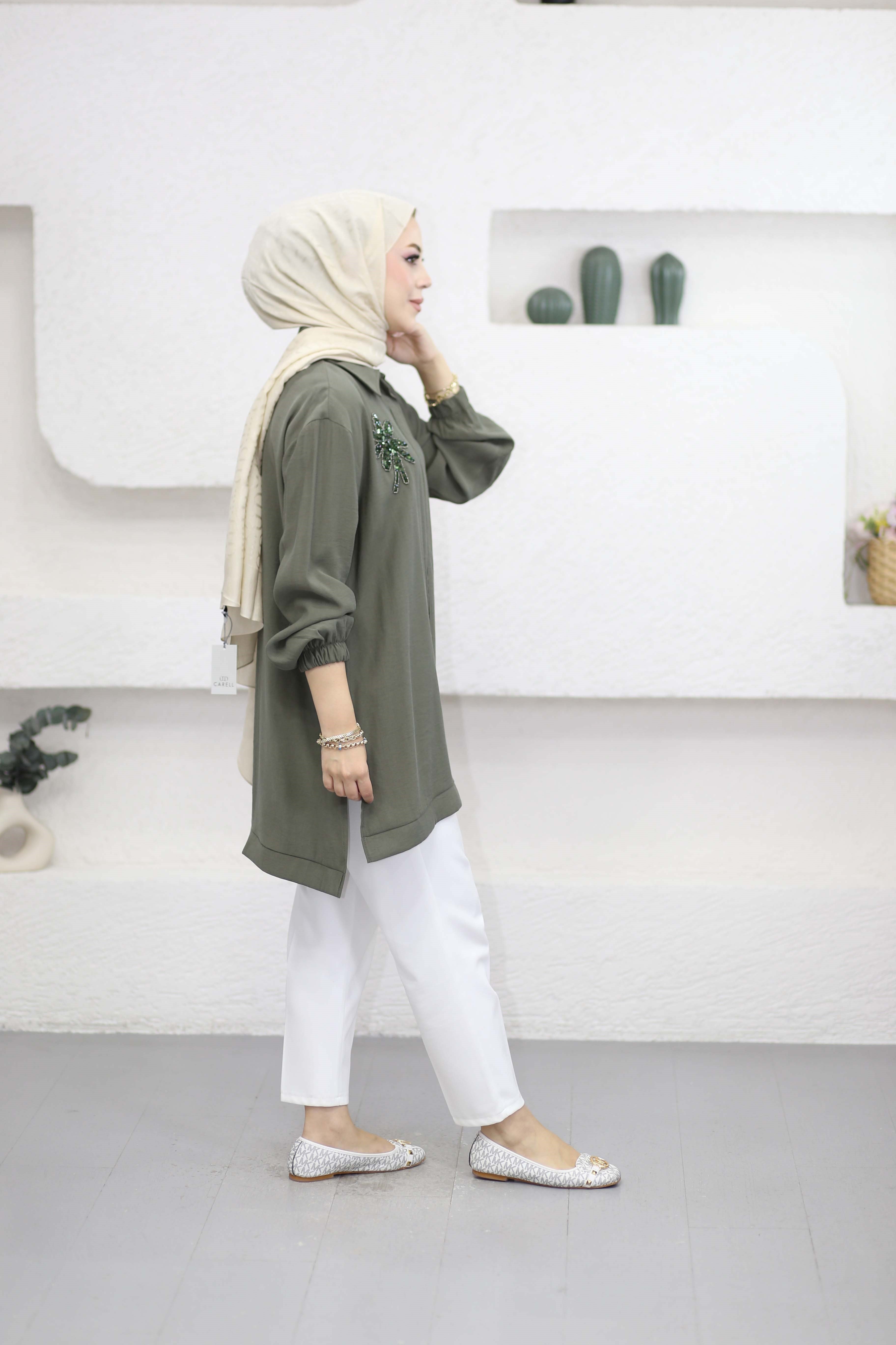 Boncuk Çamlı Tencel Kap Haki 7558