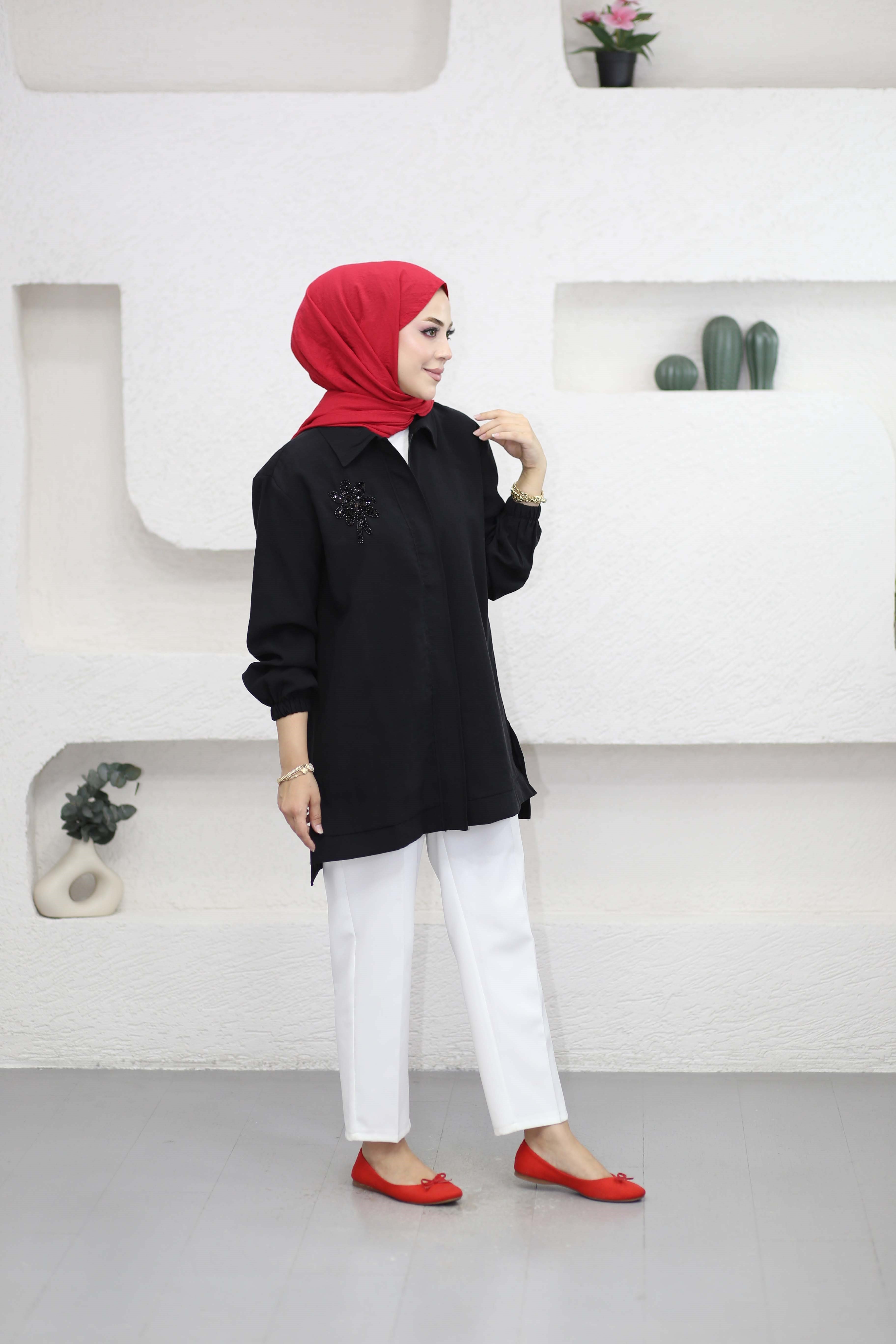 Boncuk Çamlı Tencel Kap Siyah 7558