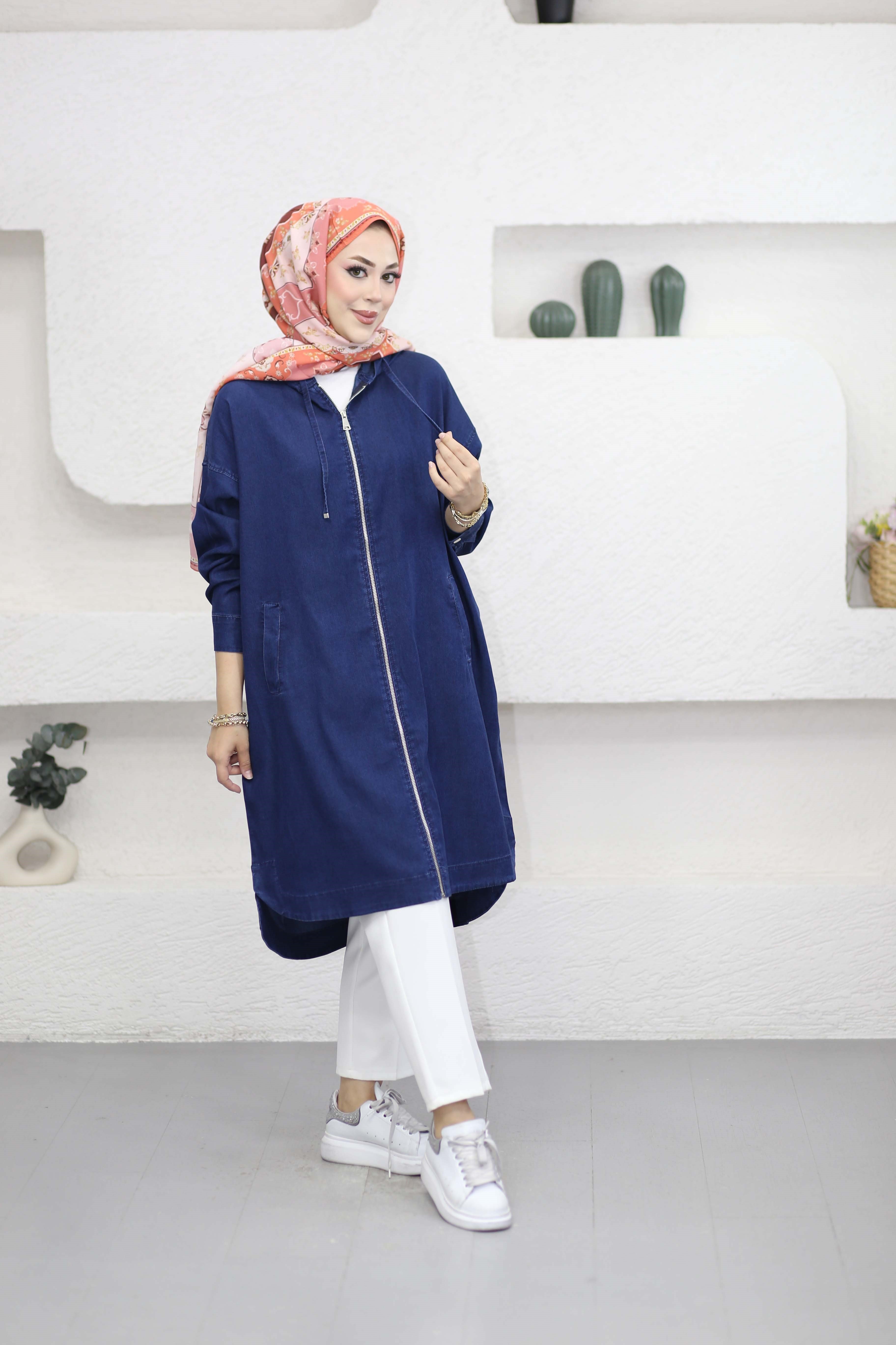 Fermuarlı tencel Kap Lacivert 6540