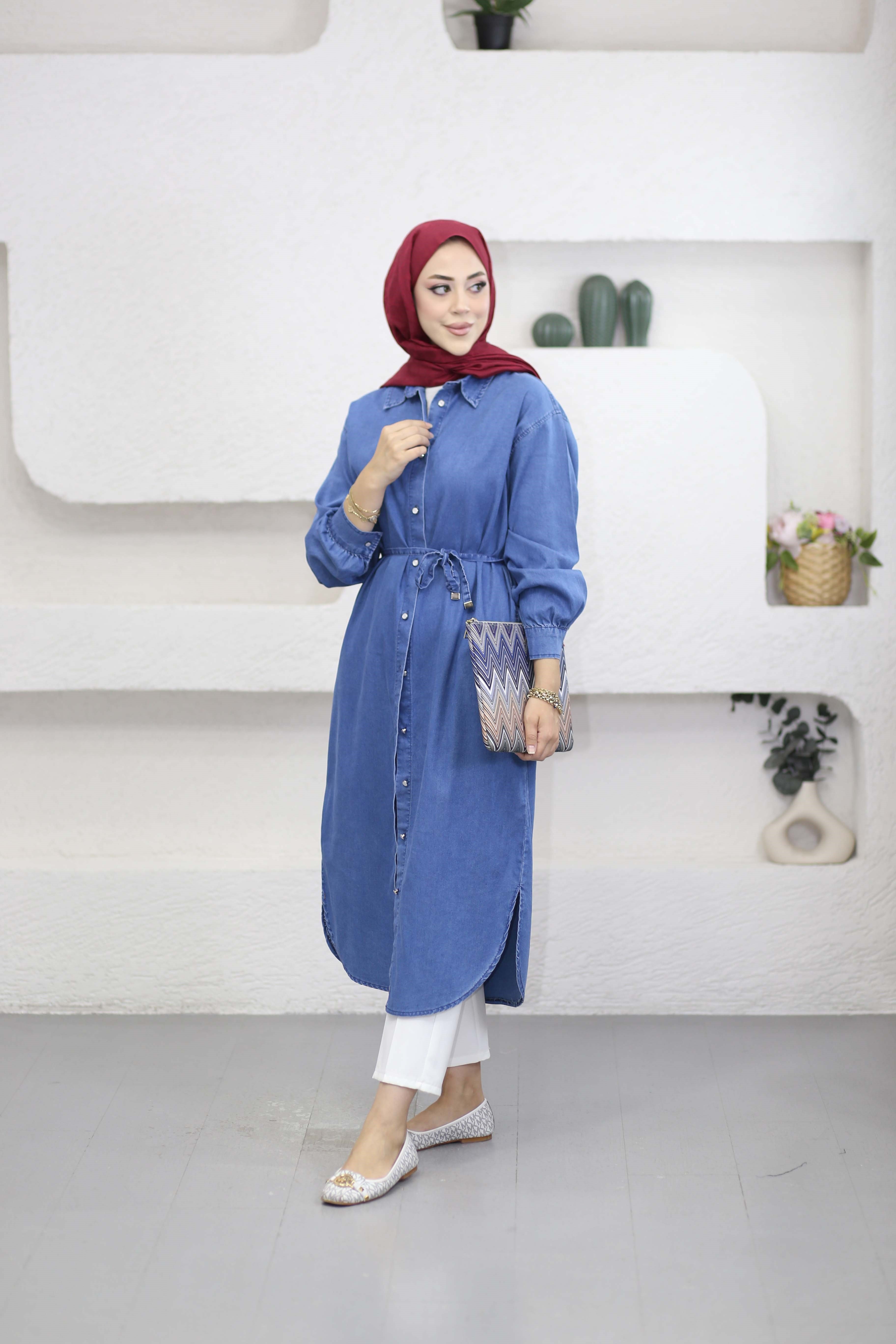 Düğmeli Denim Kap Açık Mavi 5836