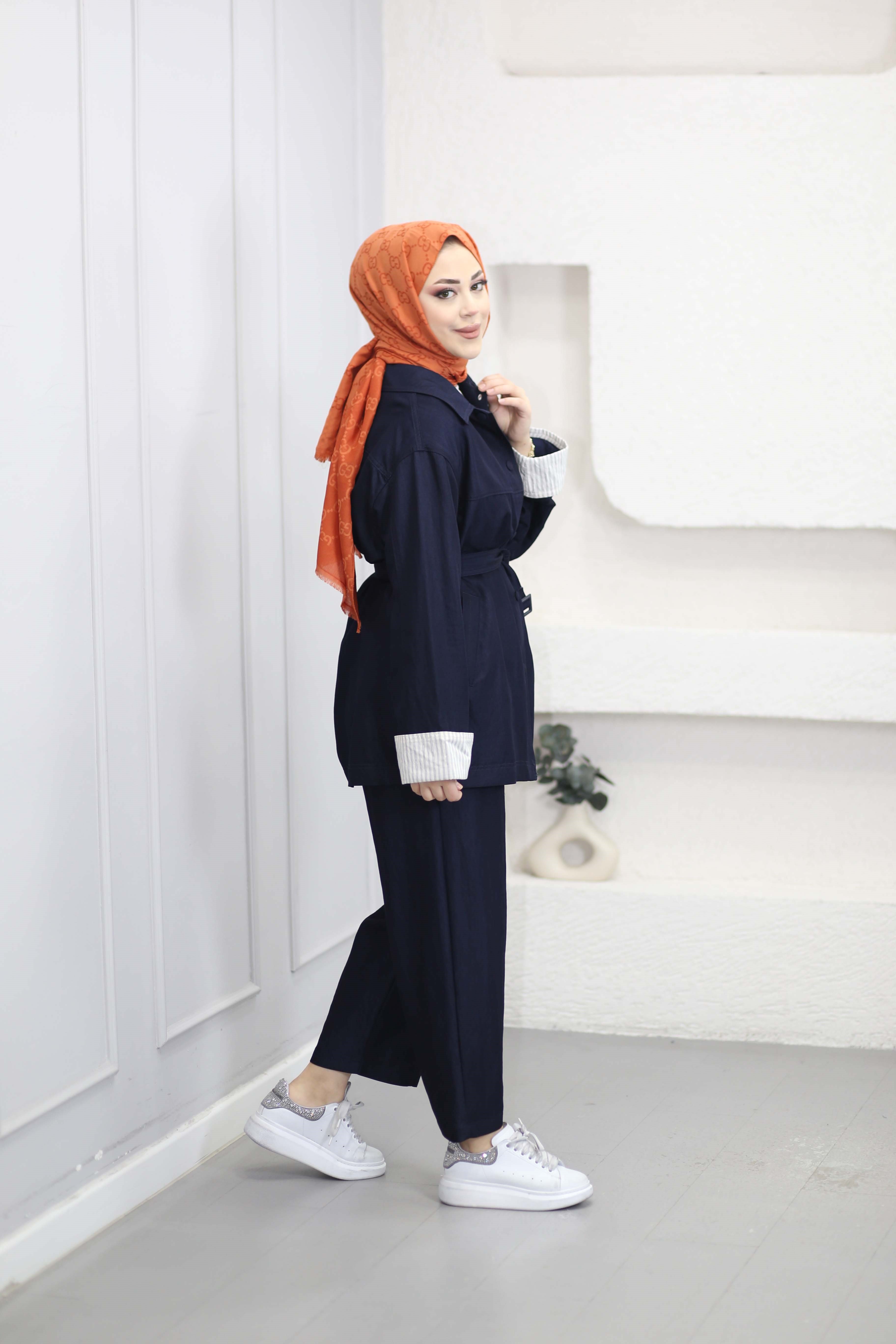 Kolu Garnili Denim Görünümlü Kap Lacivert 36841