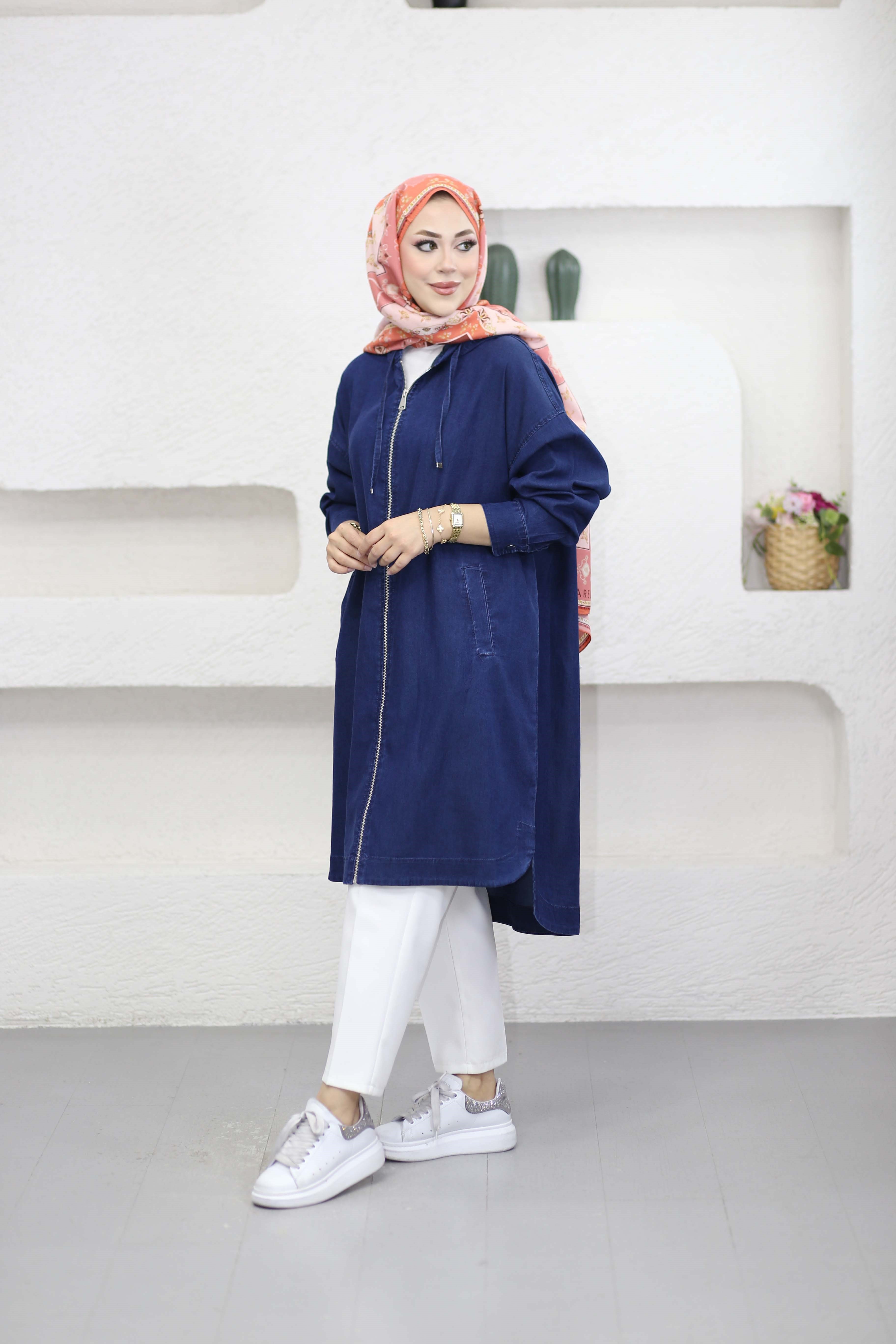 Fermuarlı tencel Kap Lacivert 6540