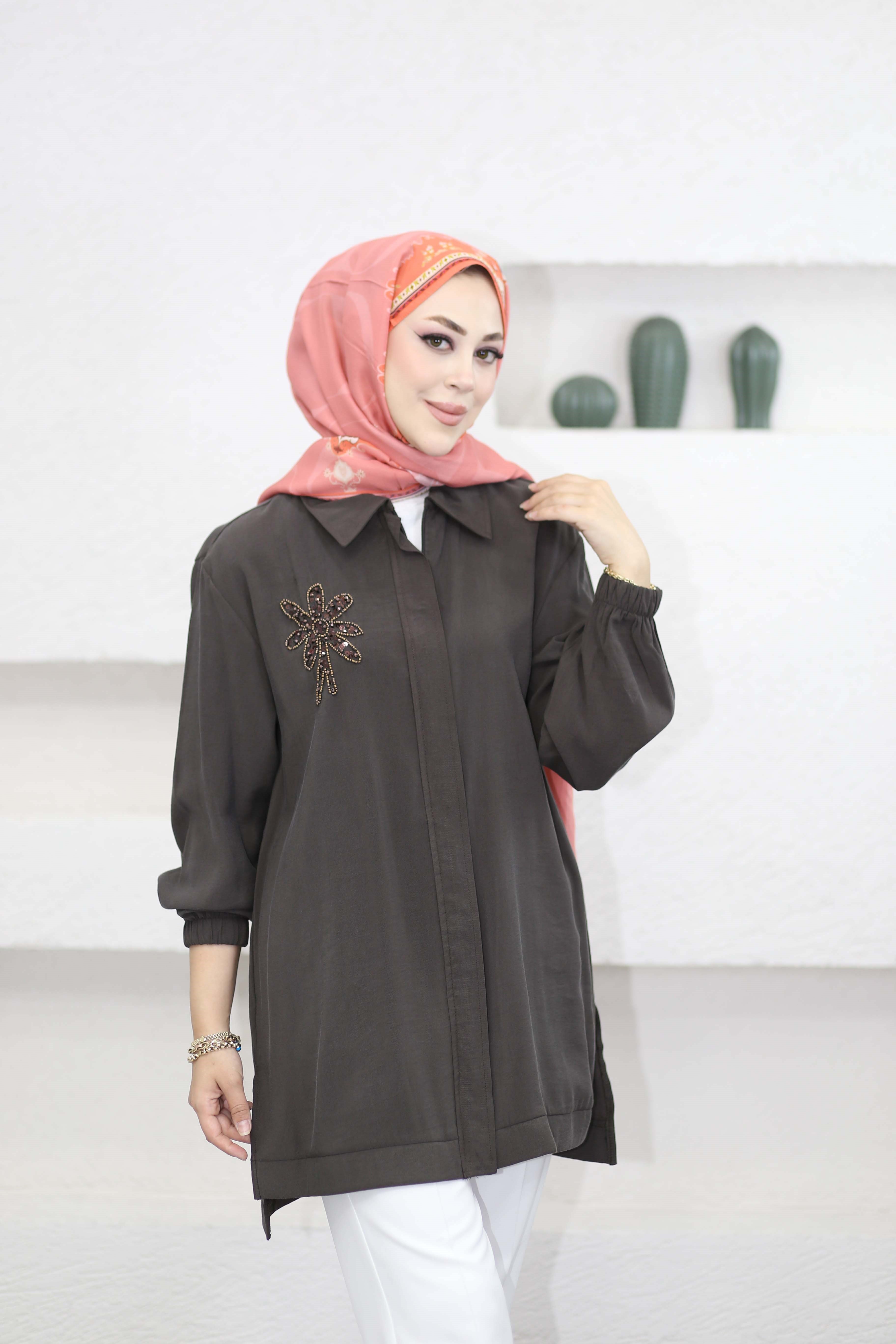 Boncuk Çamlı Tencel Kap Kahverengi 7558