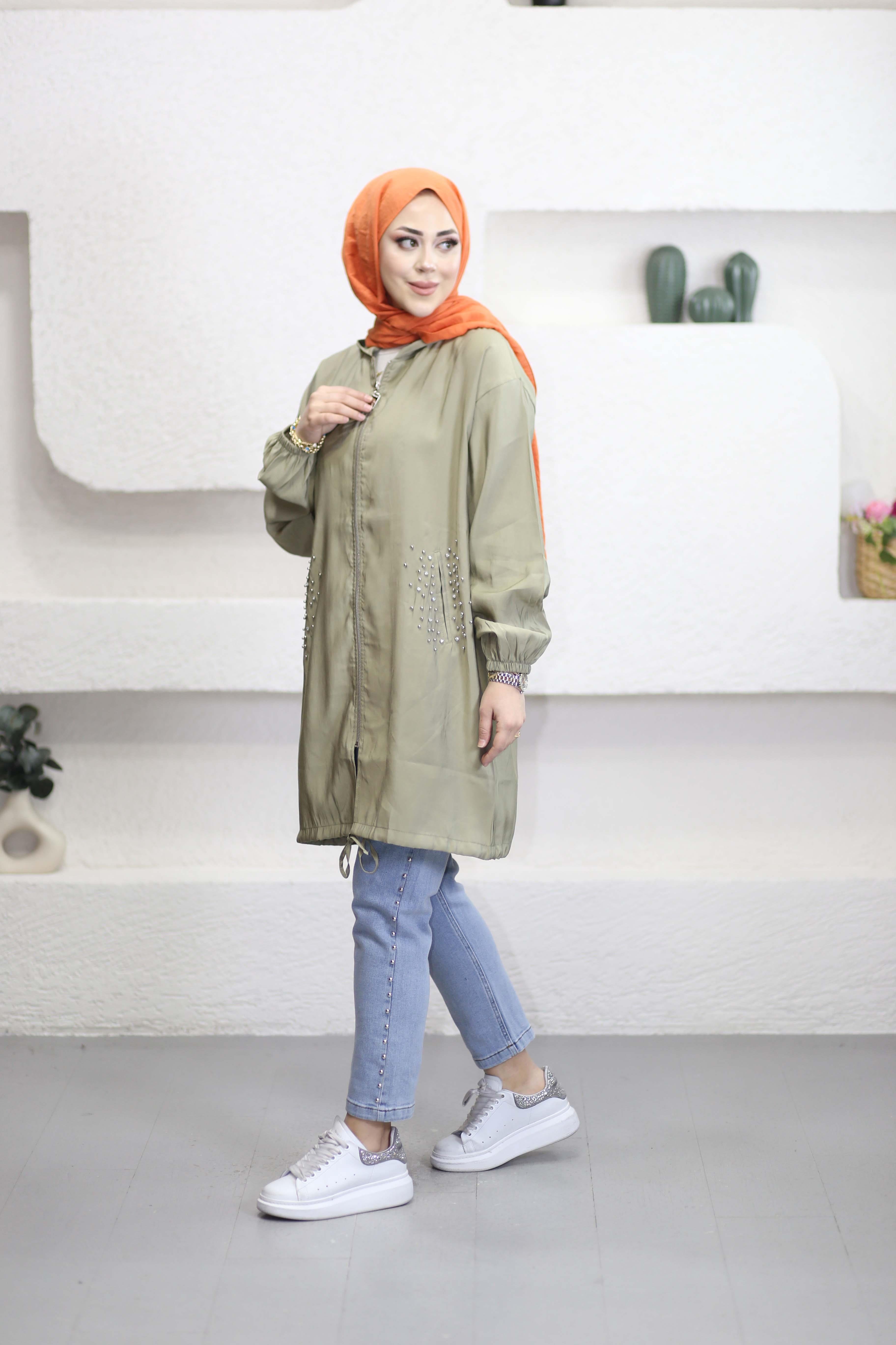 Cepli Taş Detaylı Midi Boy Kap Haki 3278