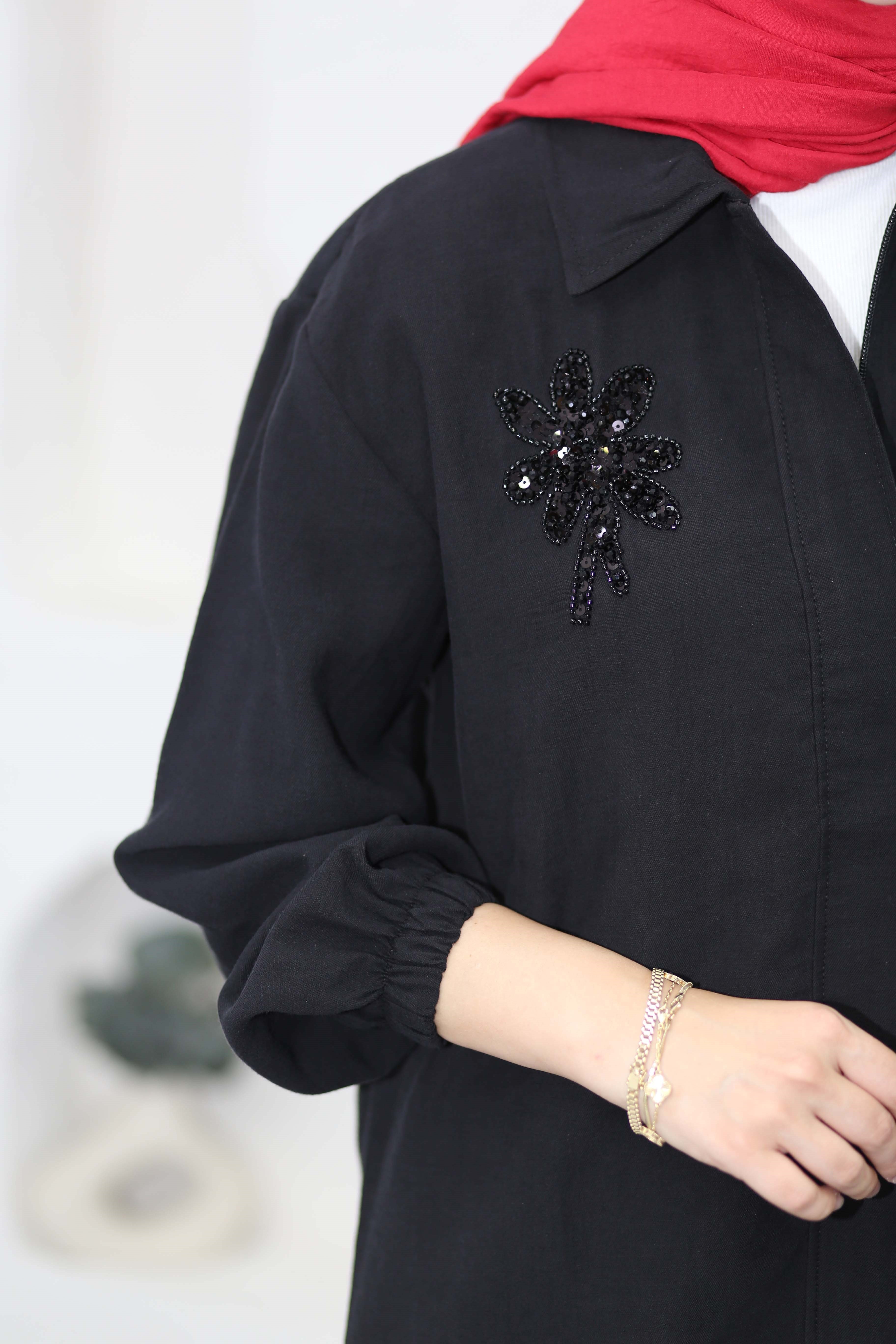 Boncuk Çamlı Tencel Kap Siyah 7558