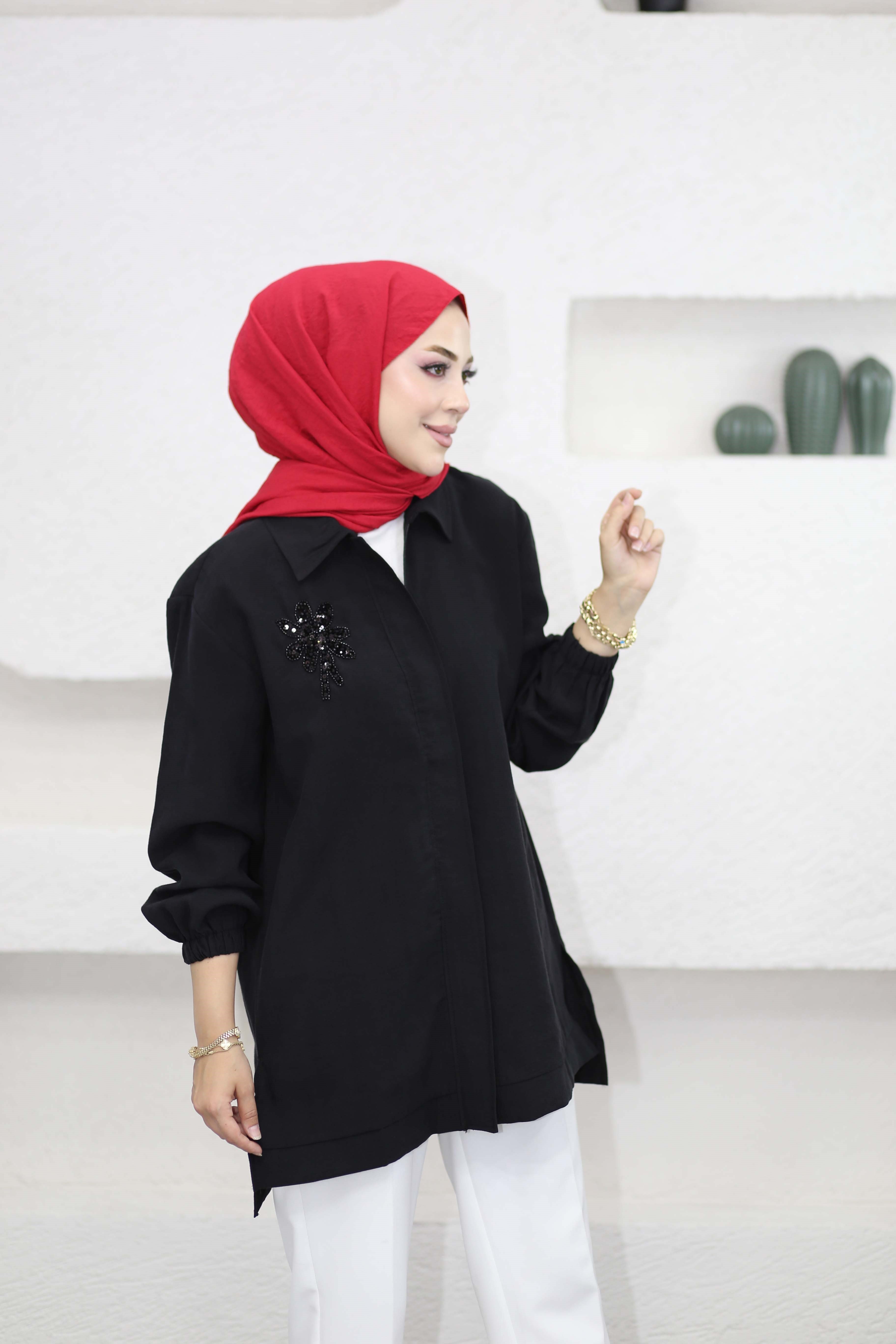 Boncuk Çamlı Tencel Kap Siyah 7558