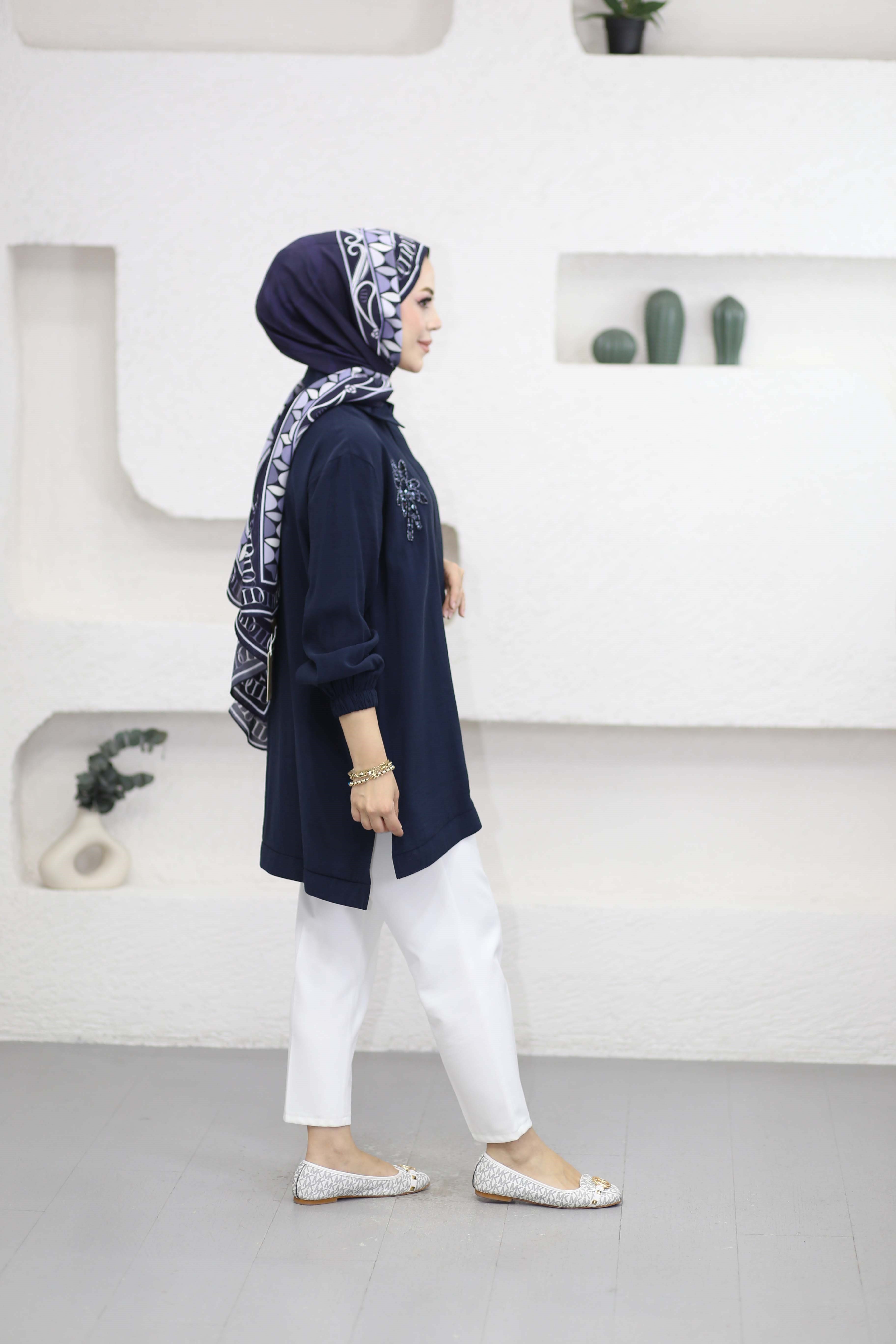 Boncuk Çamlı Tencel Kap Lacivert 7558
