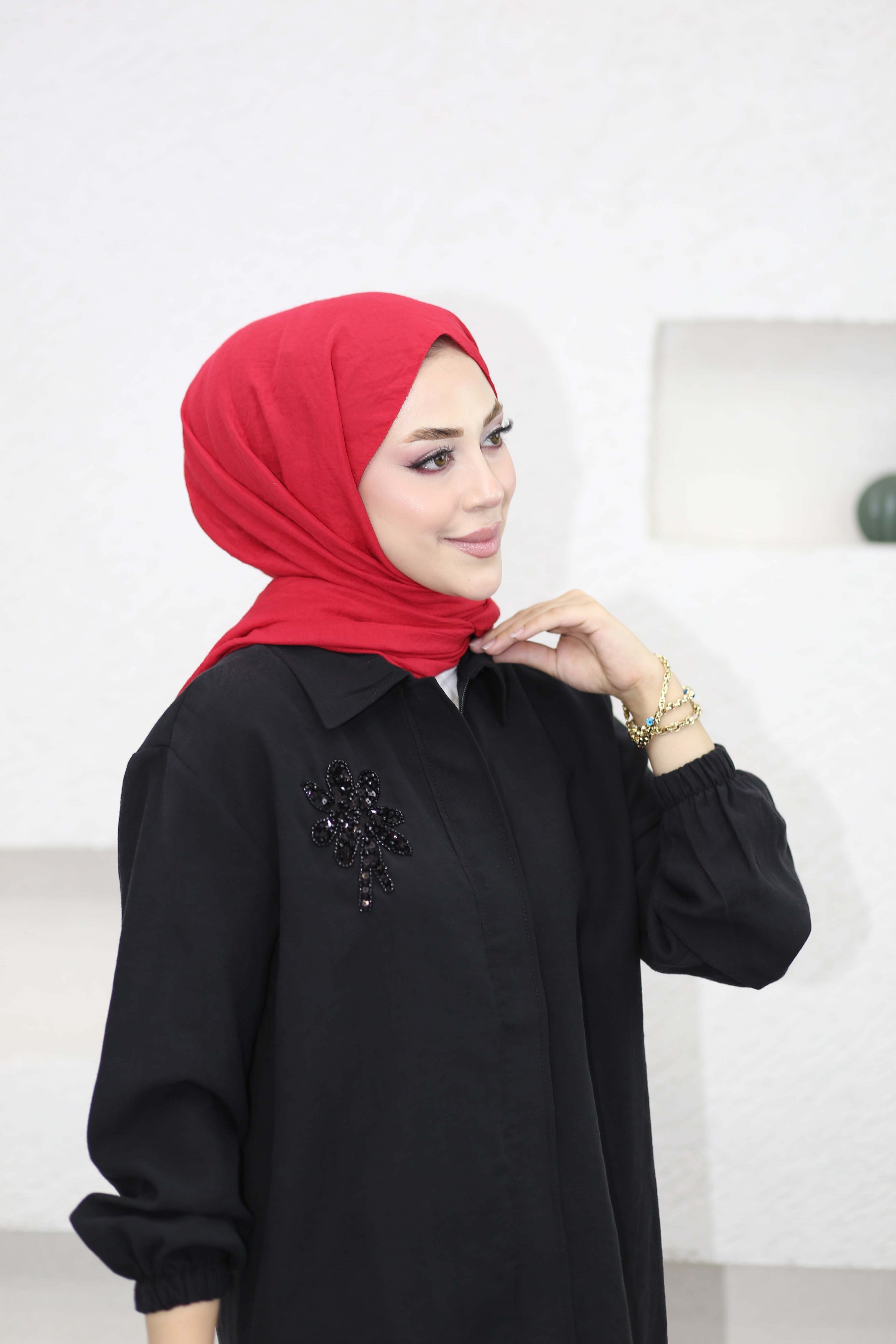 Boncuk Çamlı Tencel Kap Siyah 7558
