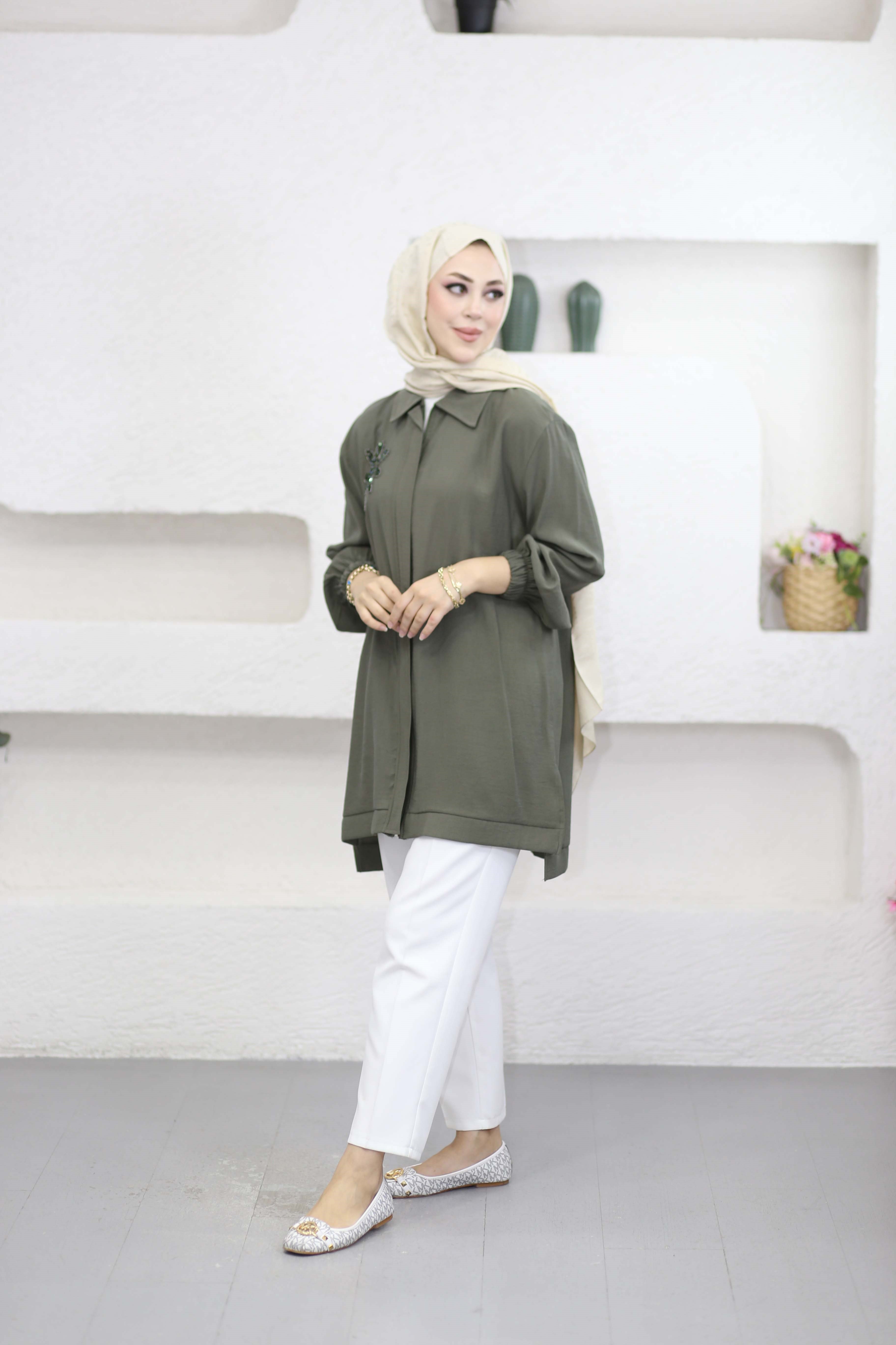 Boncuk Çamlı Tencel Kap Haki 7558
