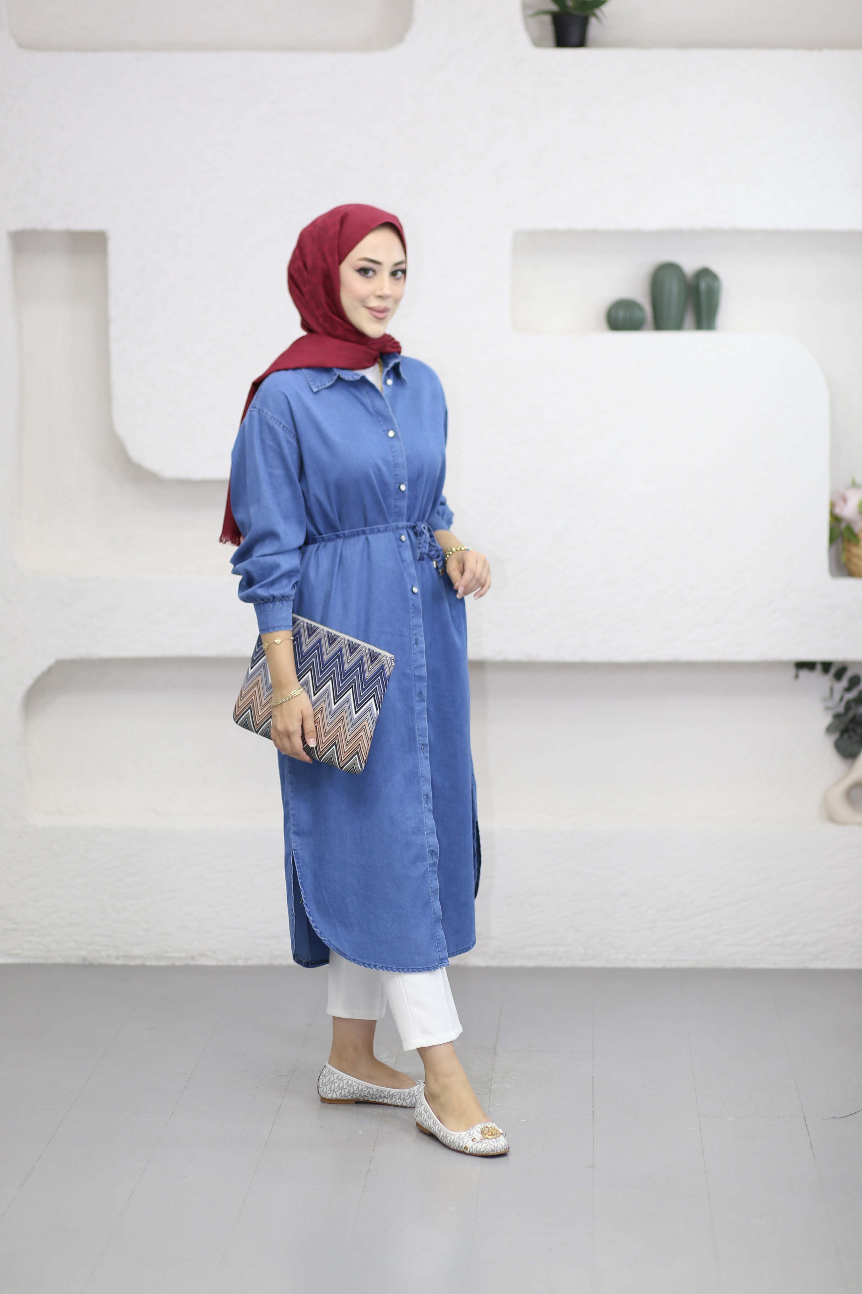 Düğmeli Denim Kap Açık Mavi 5836