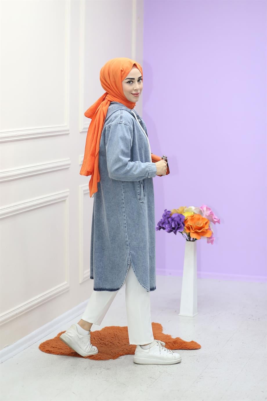 Kapşonlu Denim Kap Açık Mavi 2717