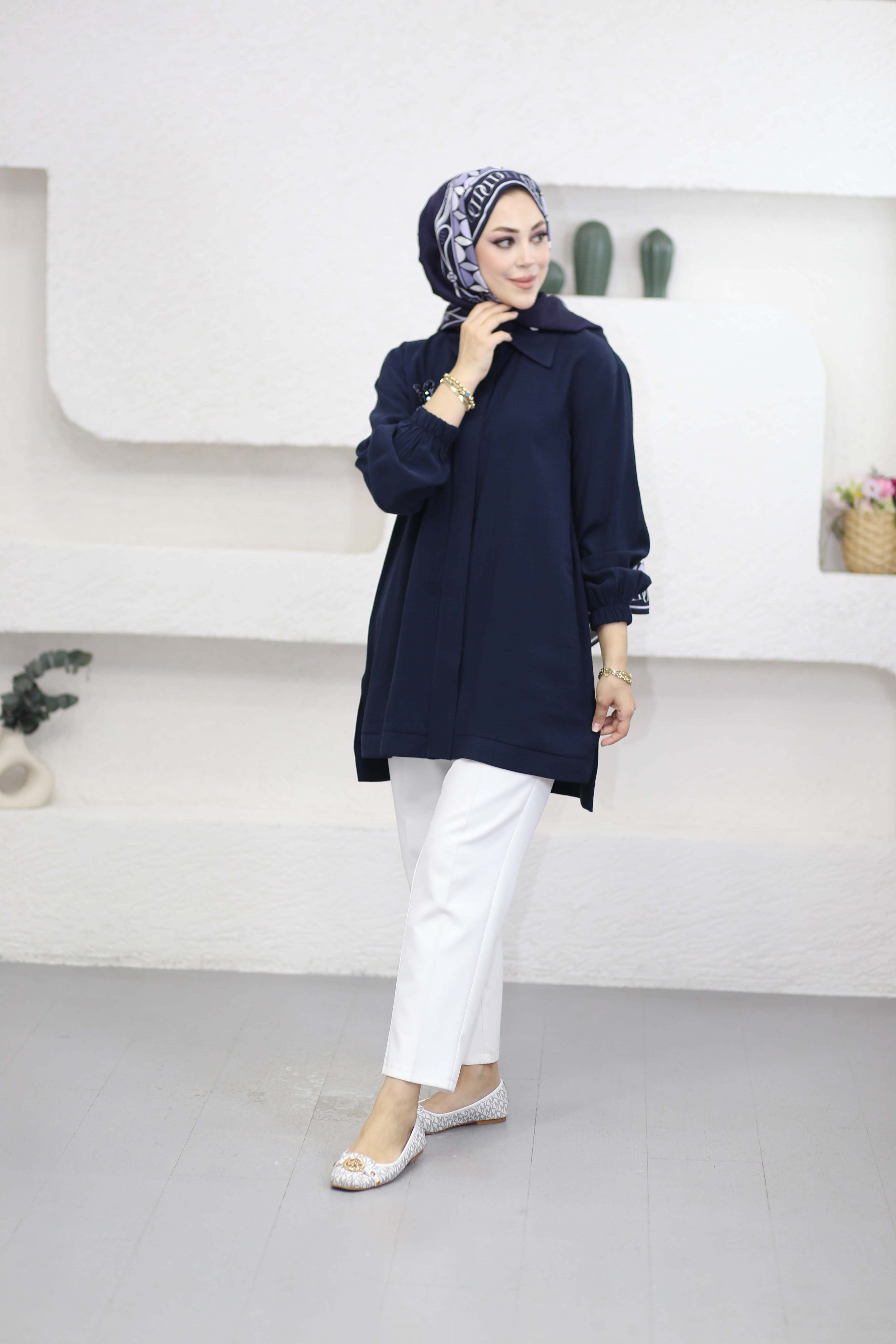 Boncuk Çamlı Tencel Kap Lacivert 7558