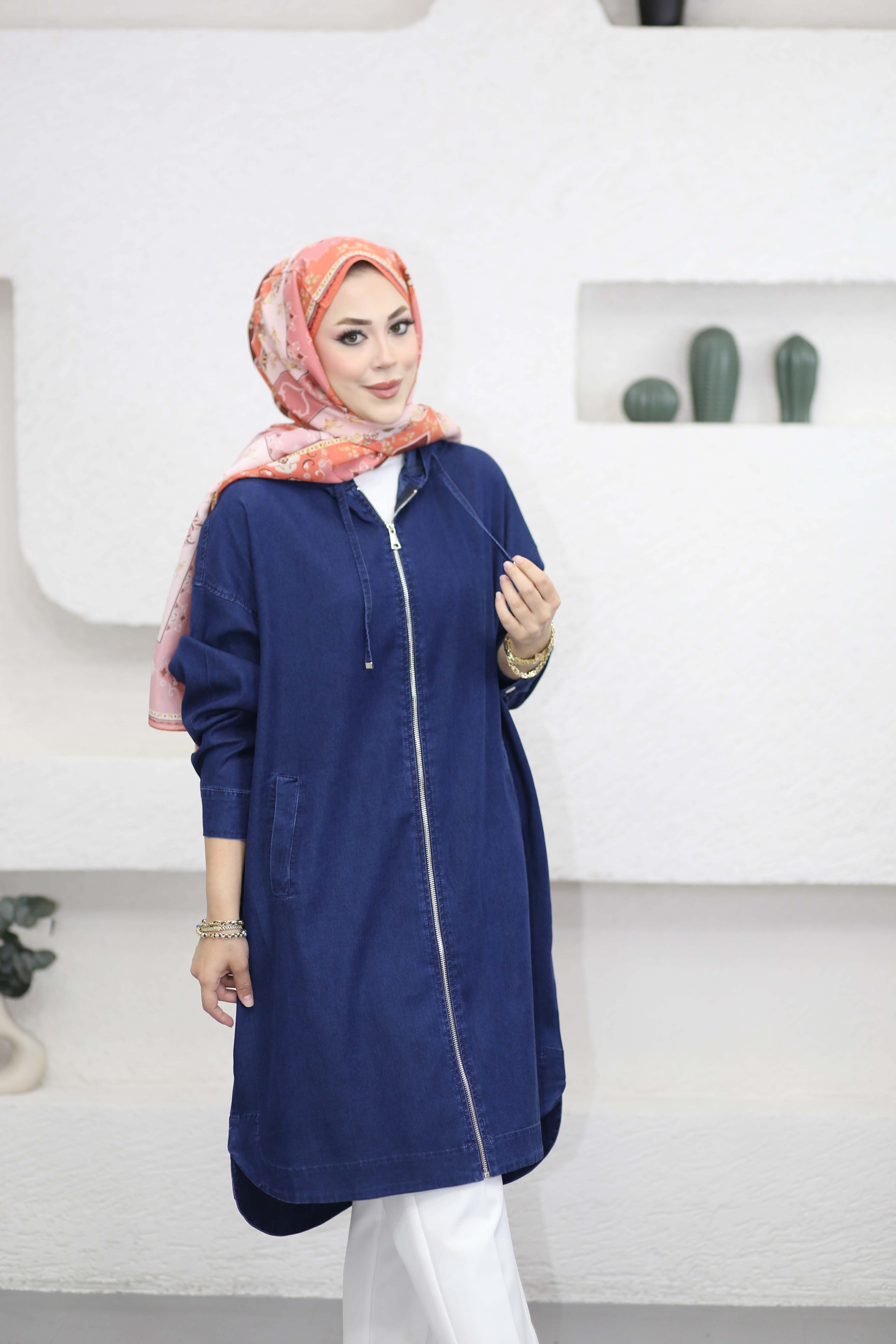 Fermuarlı tencel Kap Lacivert 6540