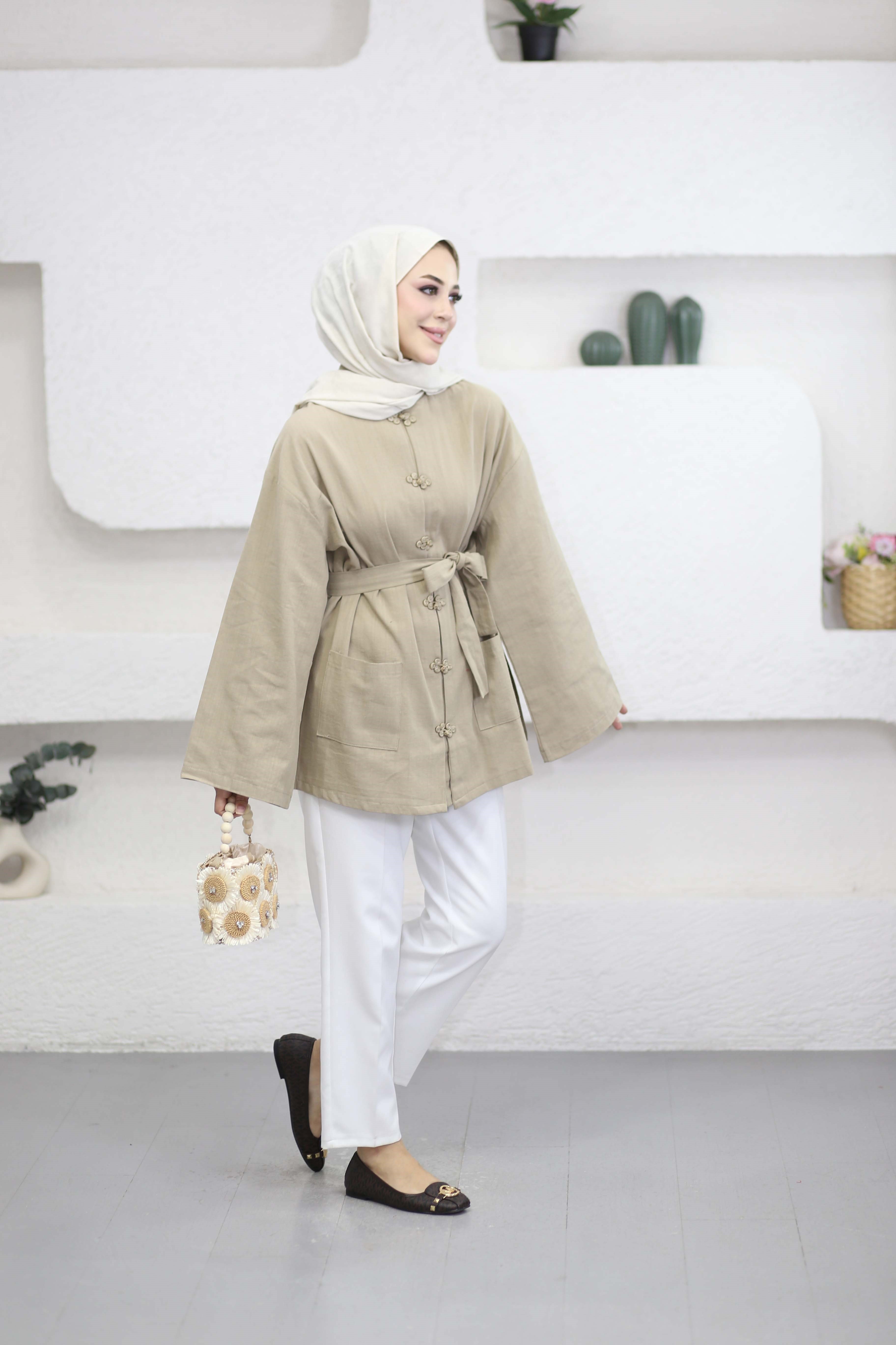 Kelebek Düğmeli Kimono Vizon 61434