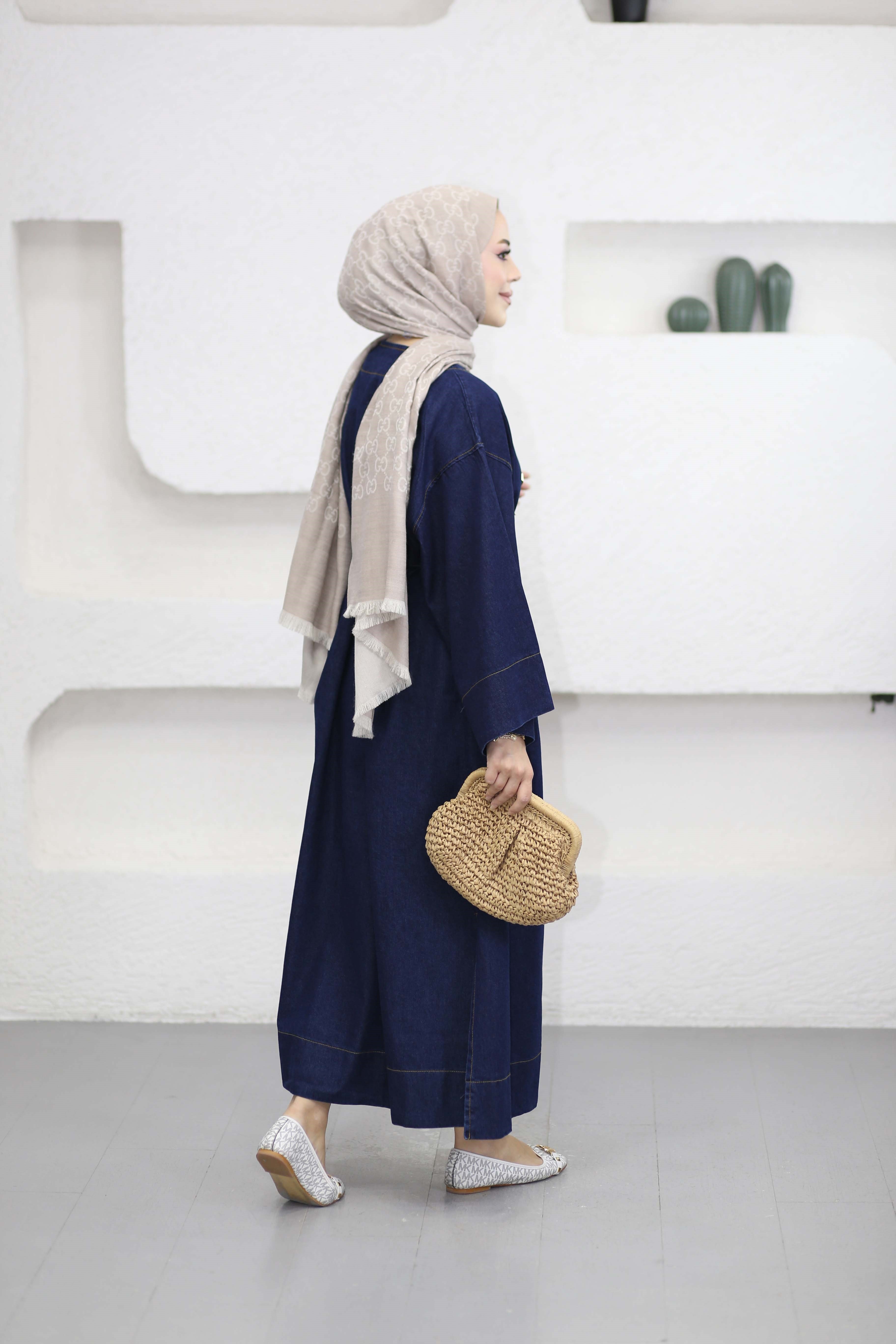 Broşlu Denim Kimono Koyu Mavi 9133