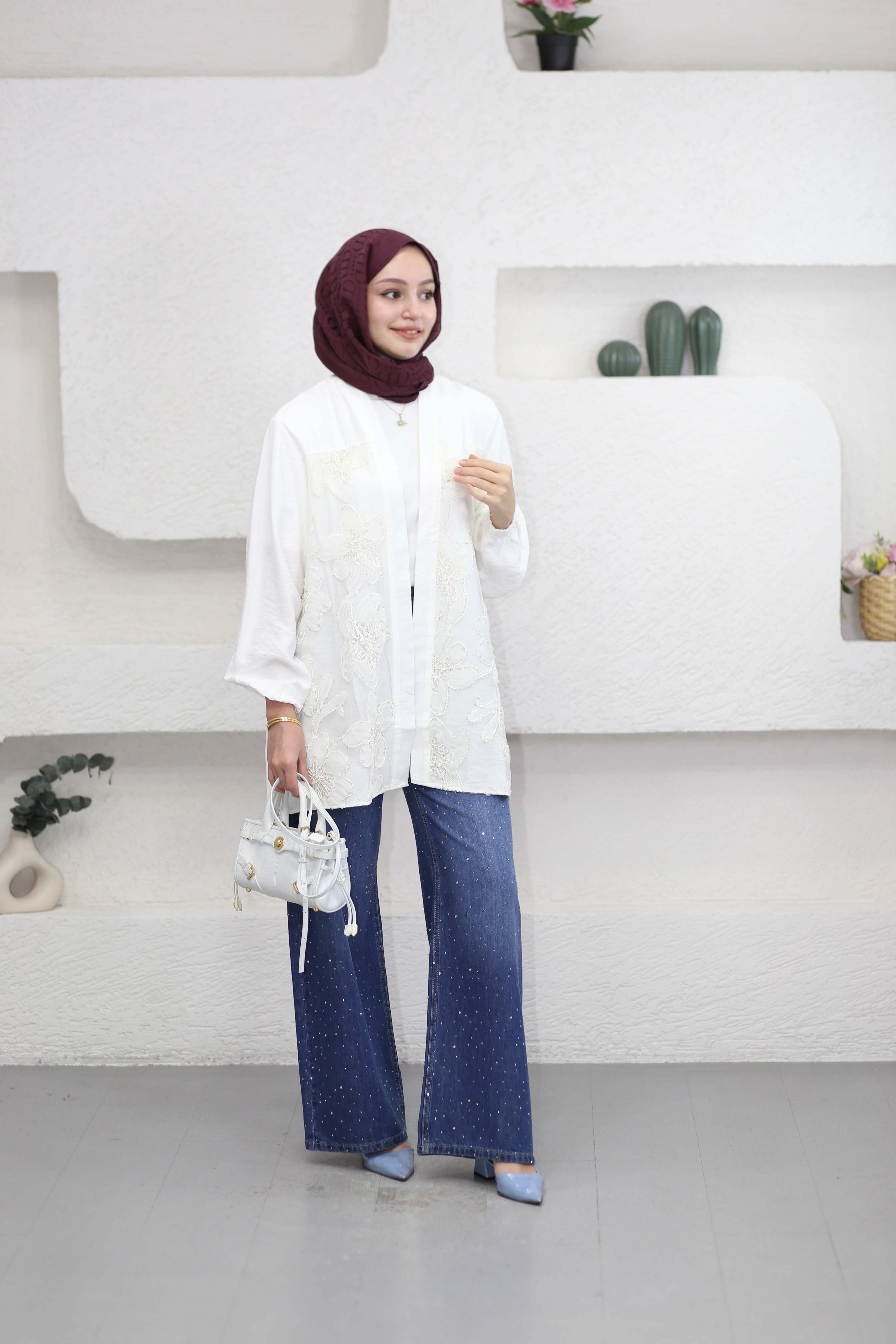 Tül Çiçek Desenli Kimono Beyaz 26112