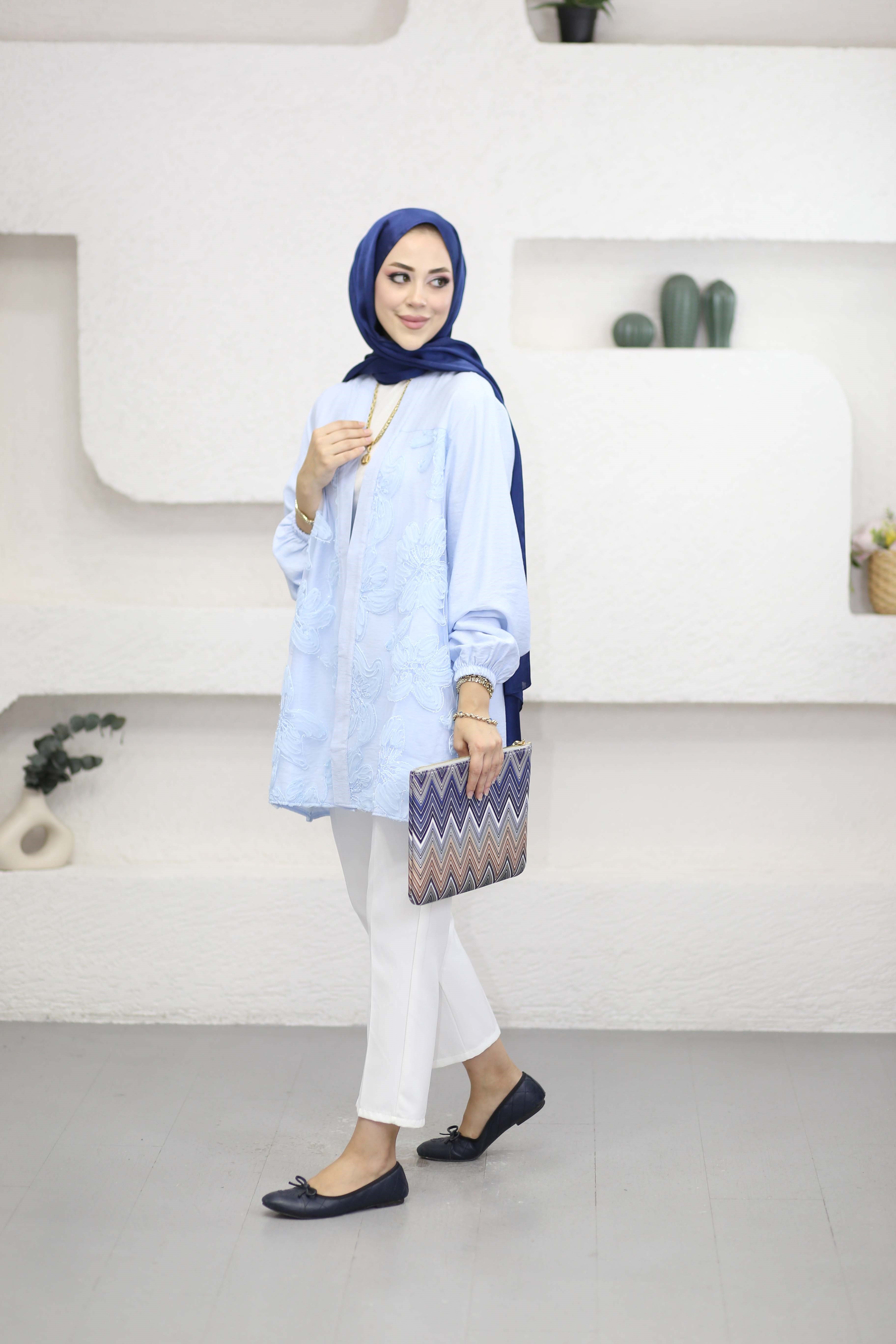 Tül Çiçek Desenli Kimono Mavi 26112