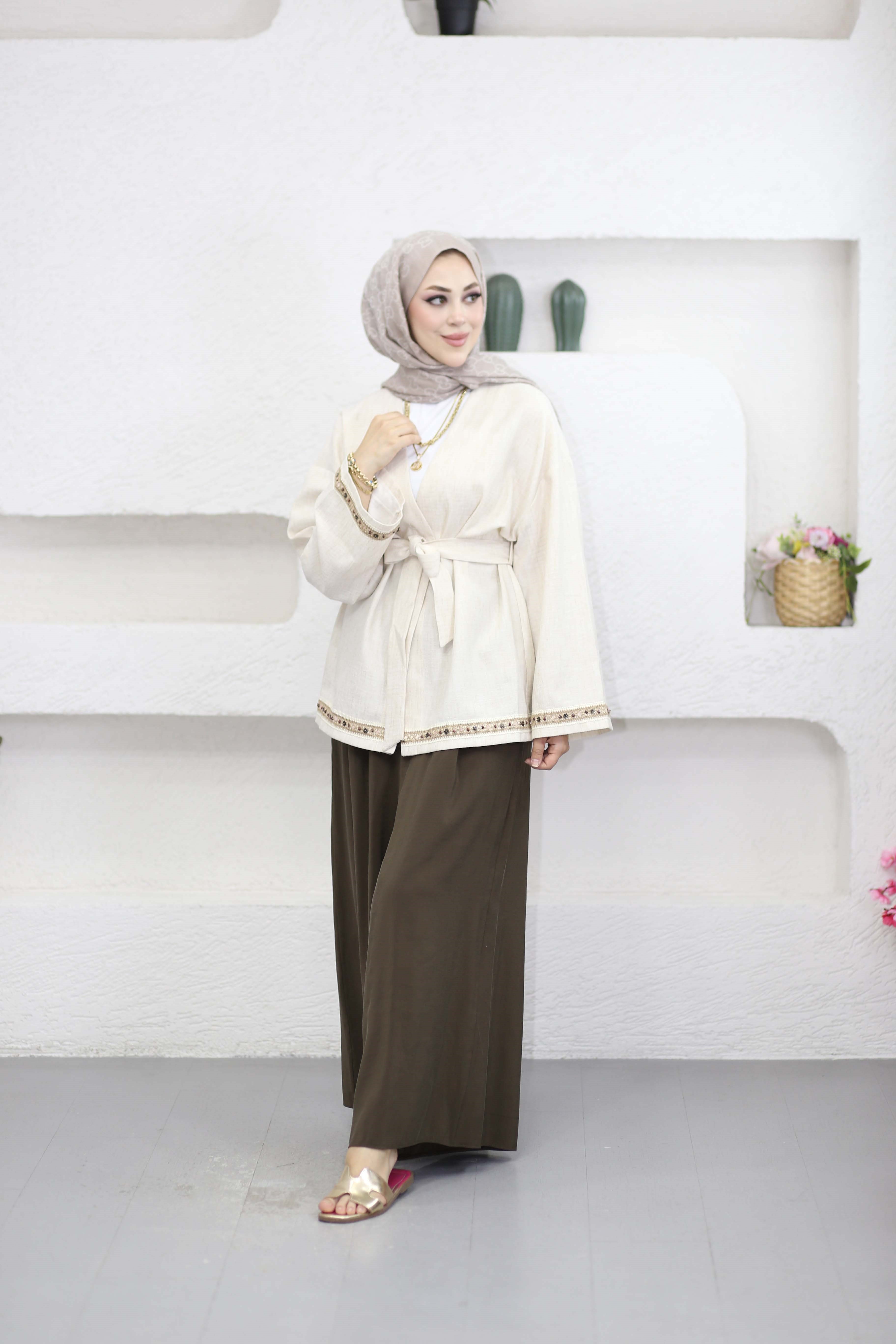 Natural İşlemeli Kimono Natürel 2239