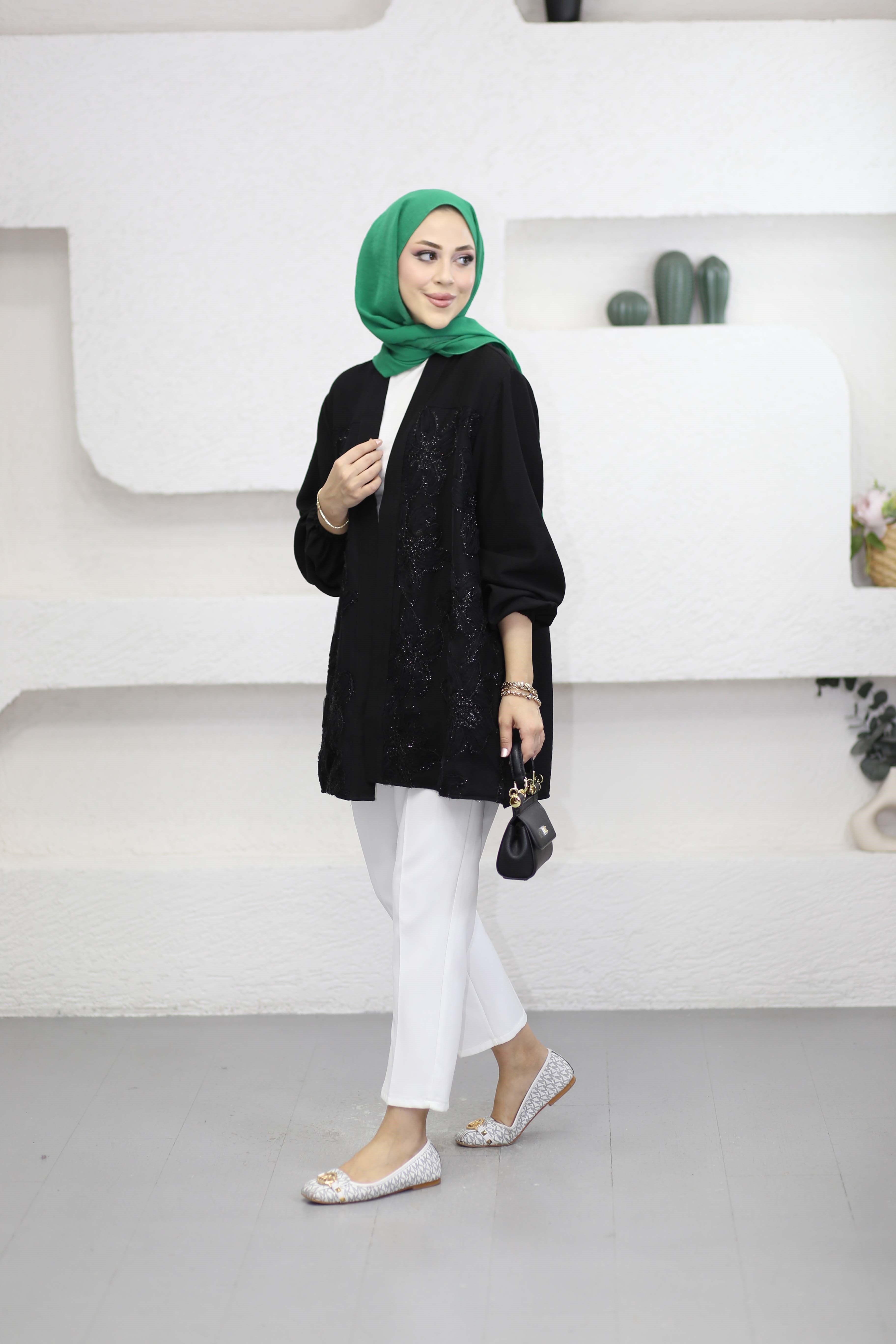 Tül Çiçek Desenli Kimono Siyah 26112