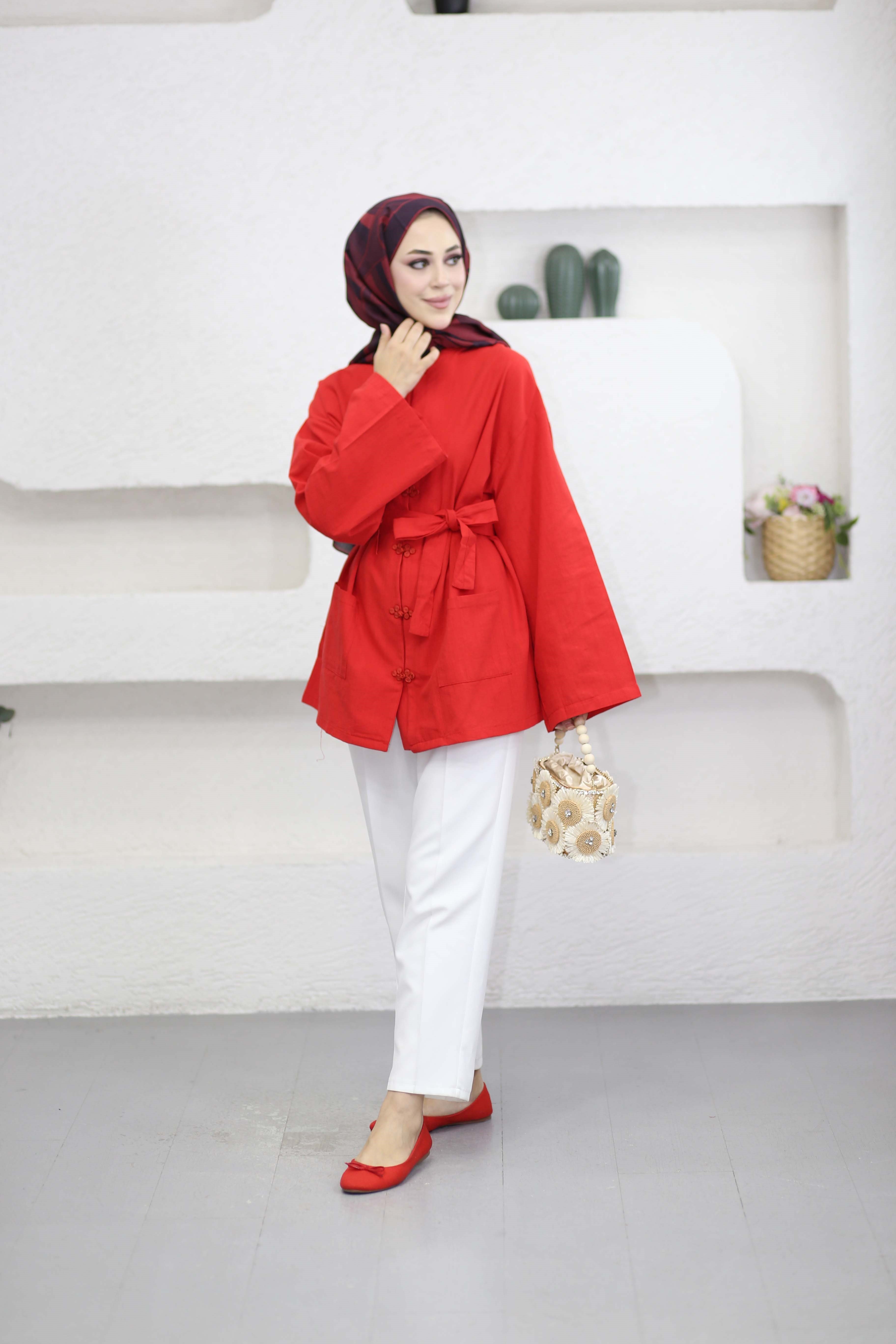 Kelebek Düğmeli Kimono Kırmızı 61434