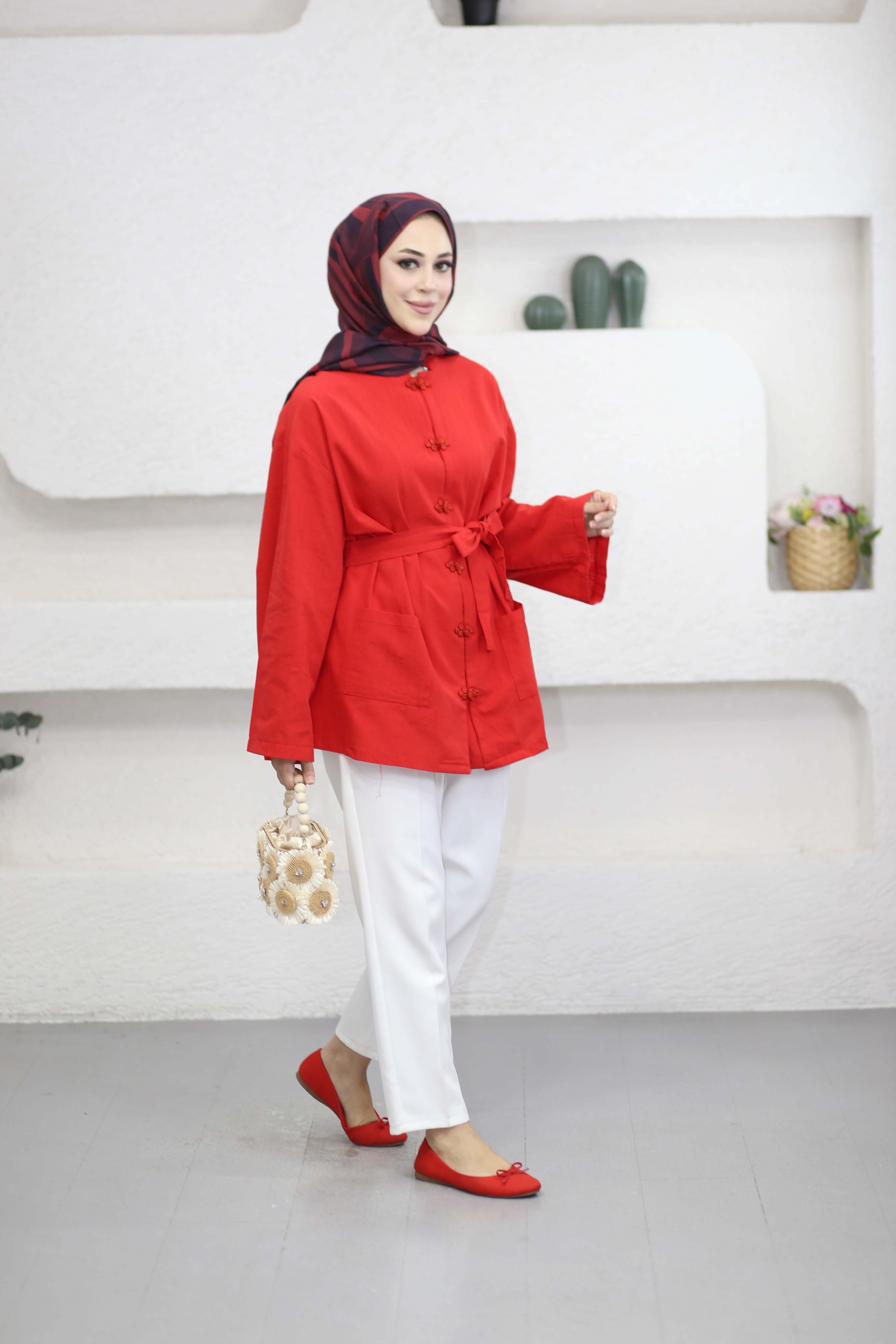 Kelebek Düğmeli Kimono Kırmızı 61434