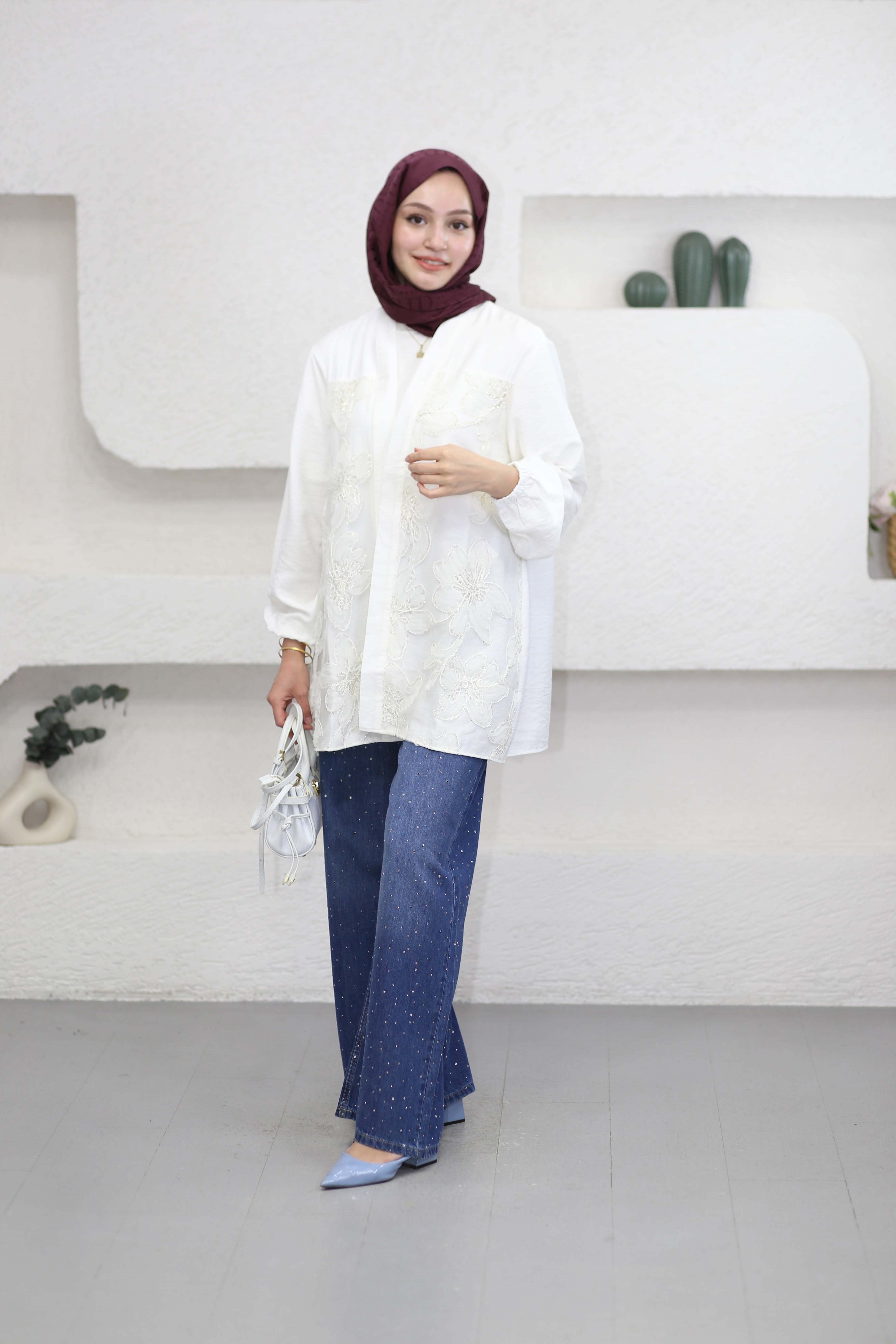 Tül Çiçek Desenli Kimono Beyaz 26112