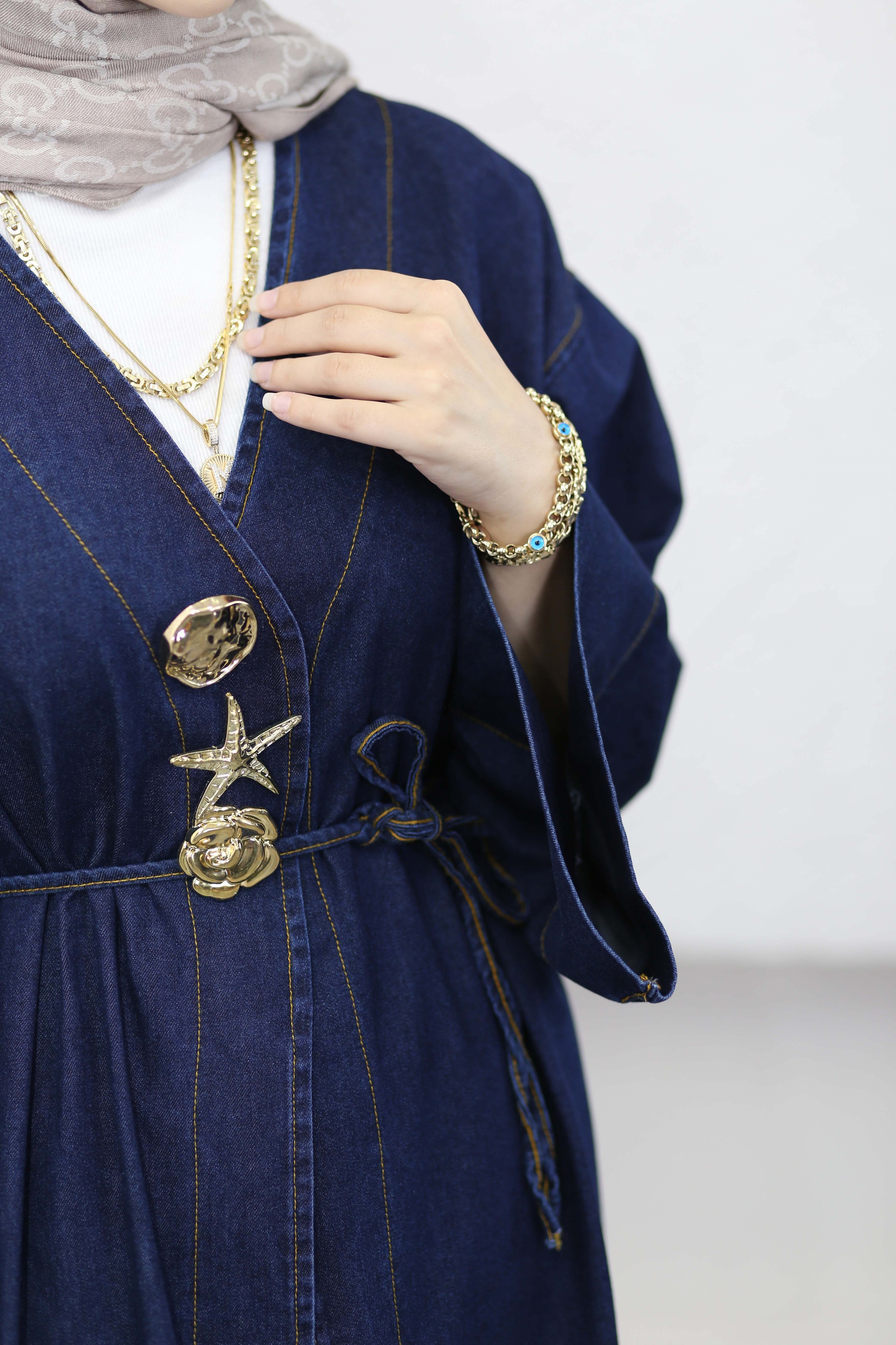 Broşlu Denim Kimono Koyu Mavi 9133