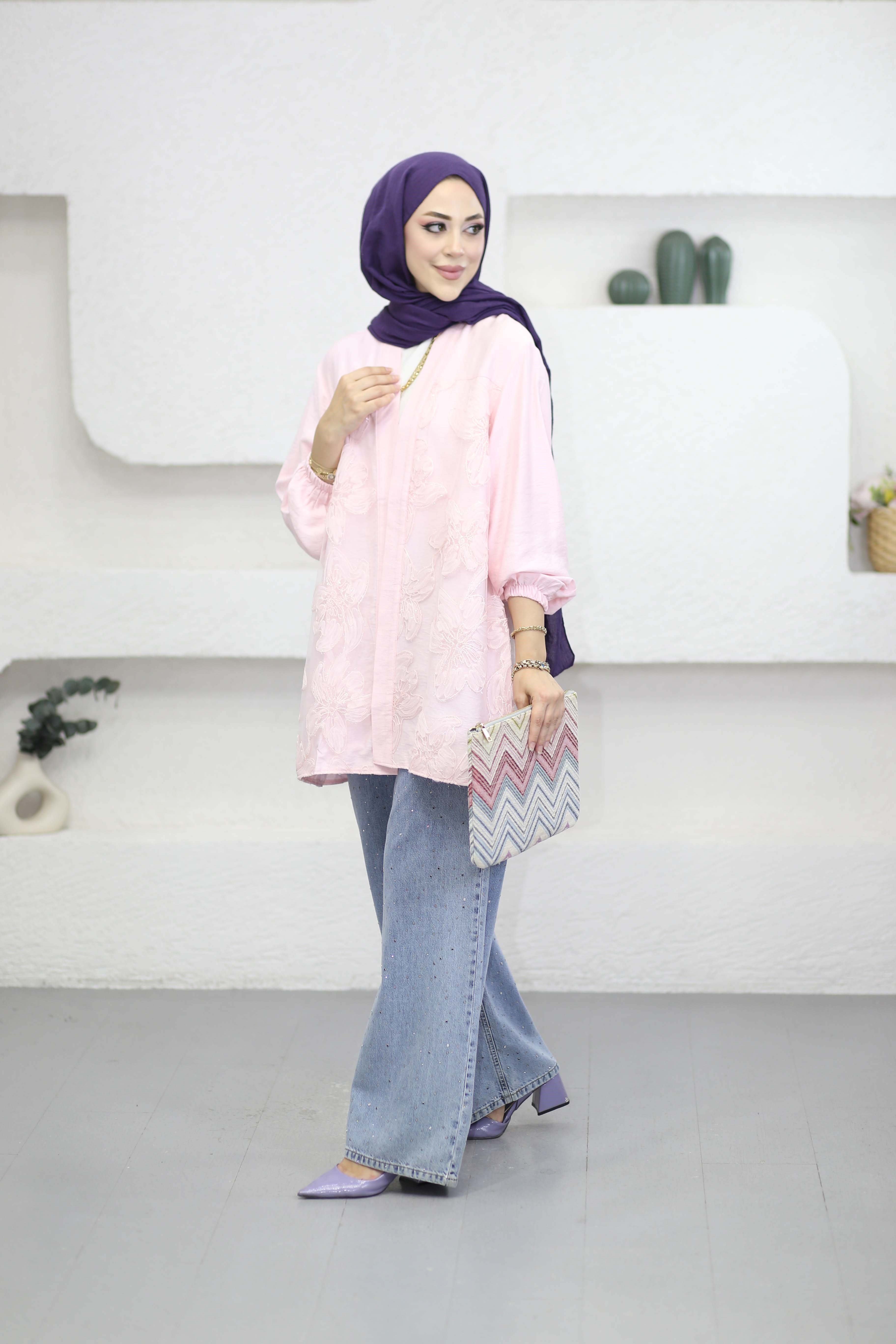 Tül Çiçek Desenli Kimono Pembe 26112