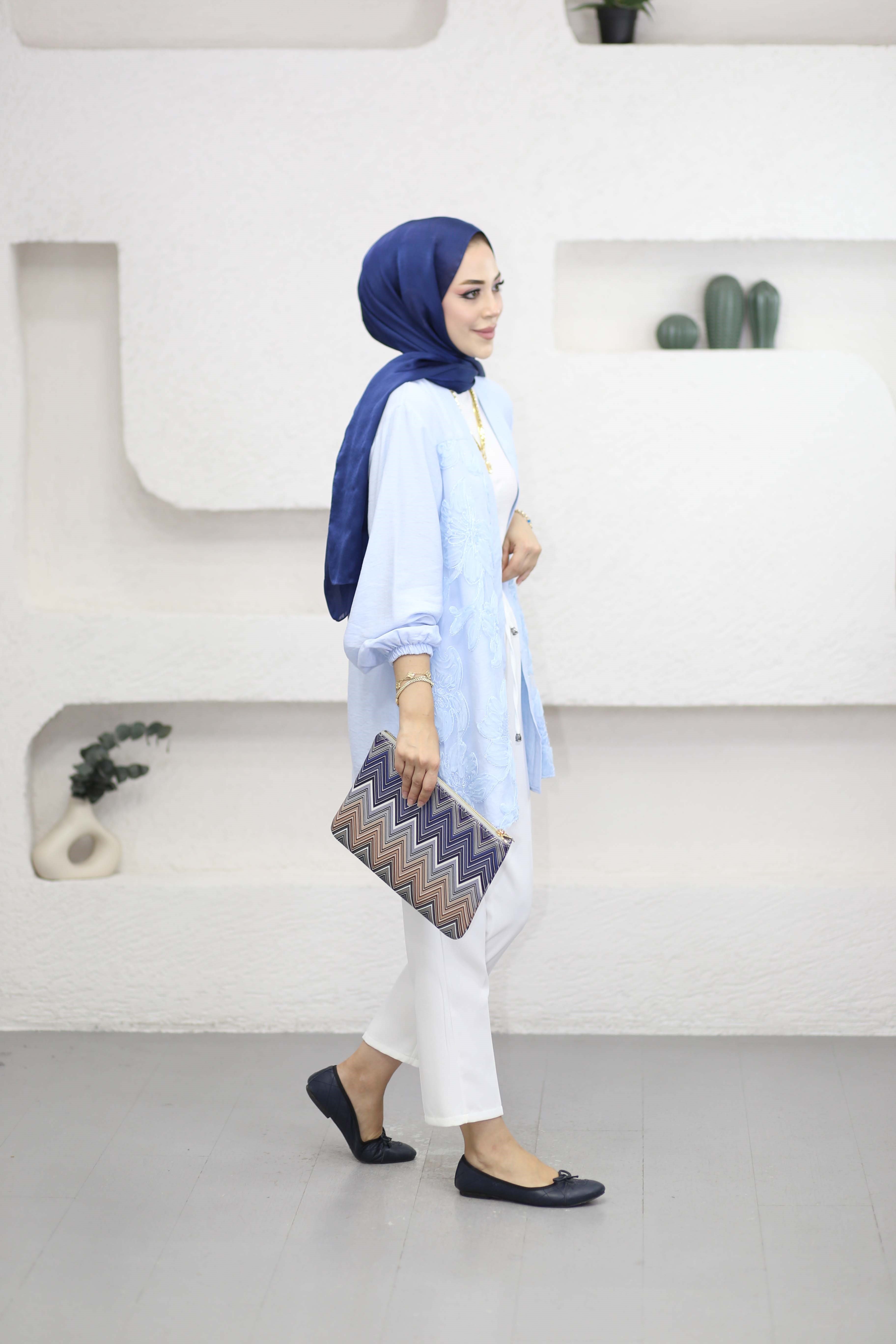 Tül Çiçek Desenli Kimono Mavi 26112