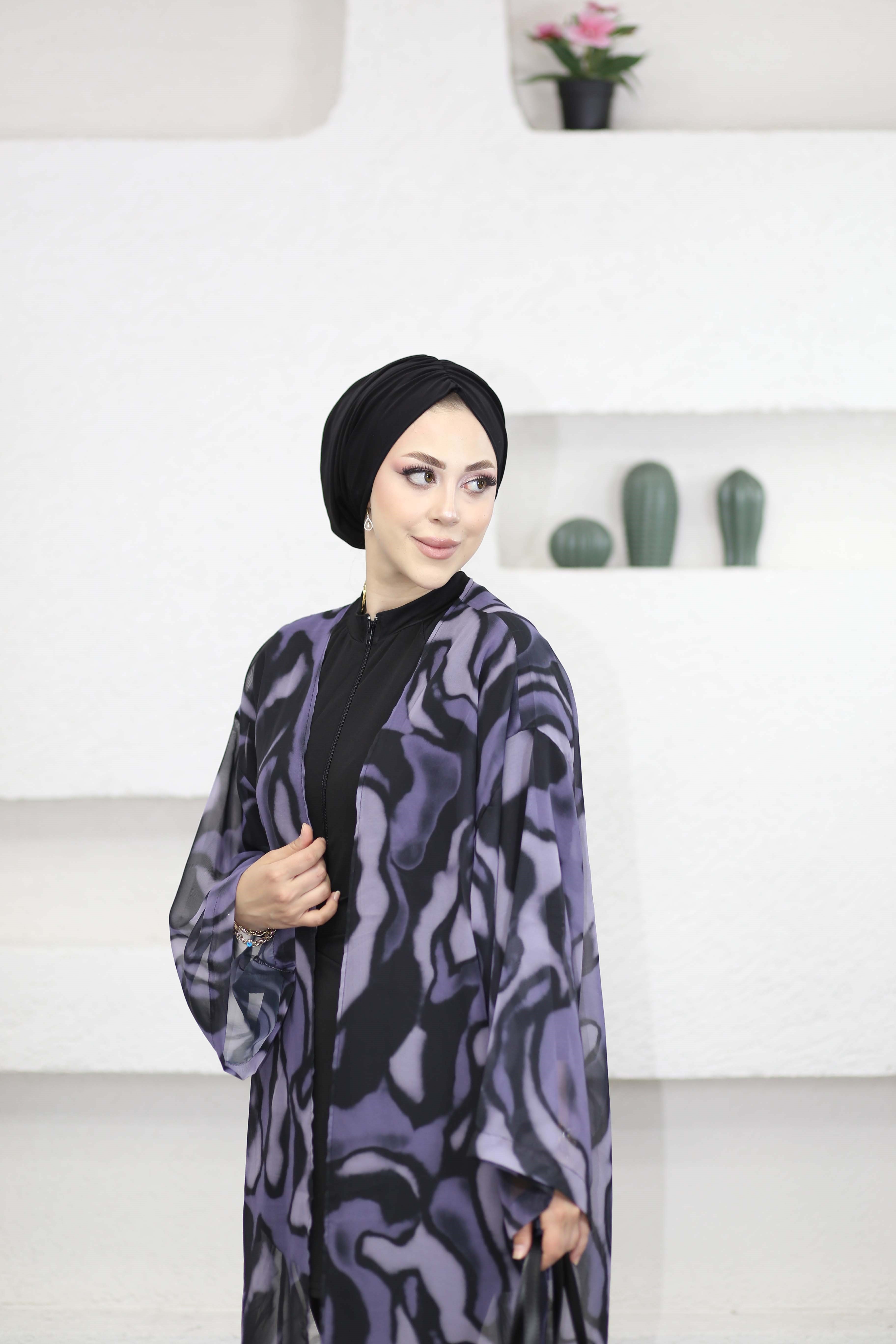 Desenli Kimono Mor 0002