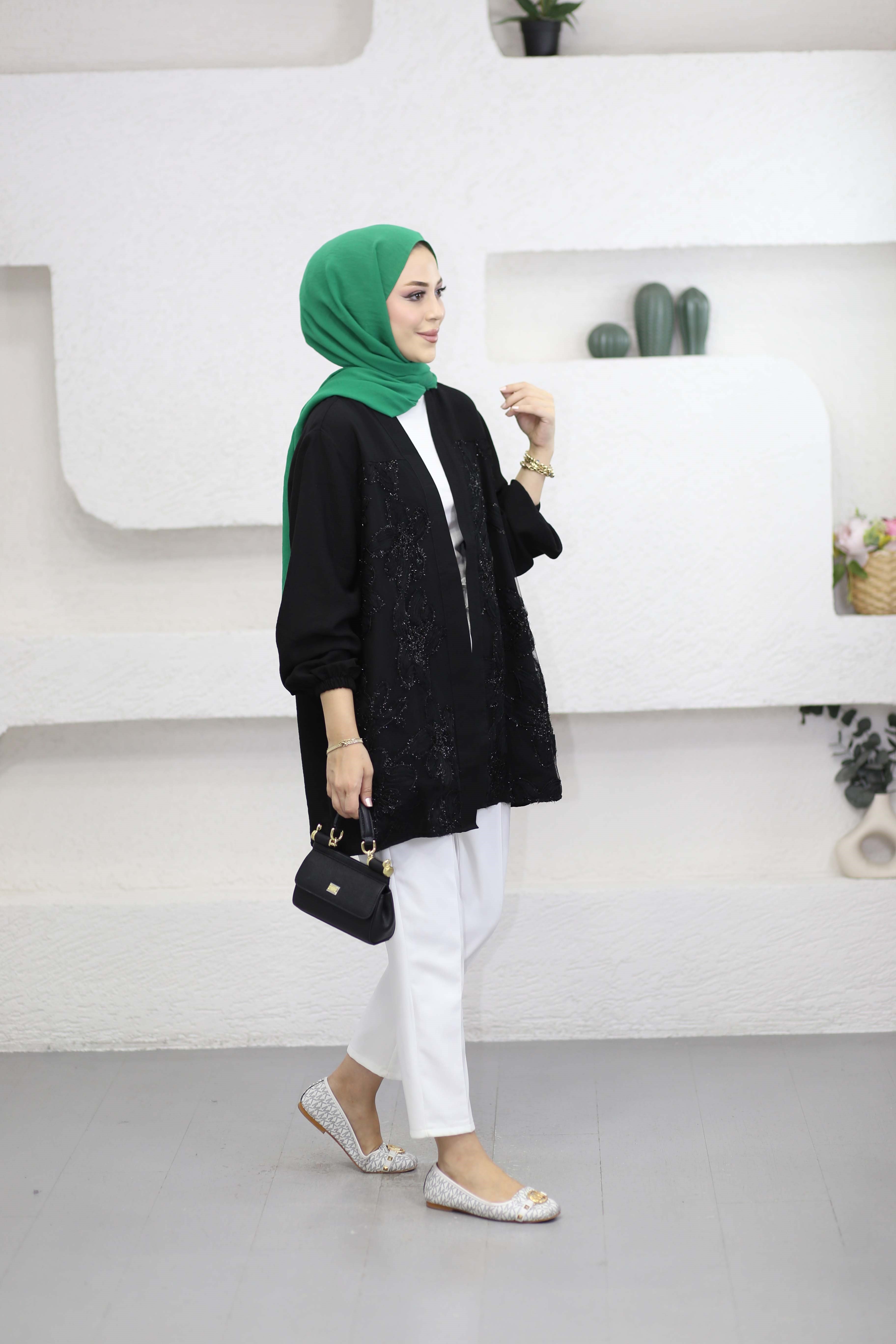 Tül Çiçek Desenli Kimono Siyah 26112