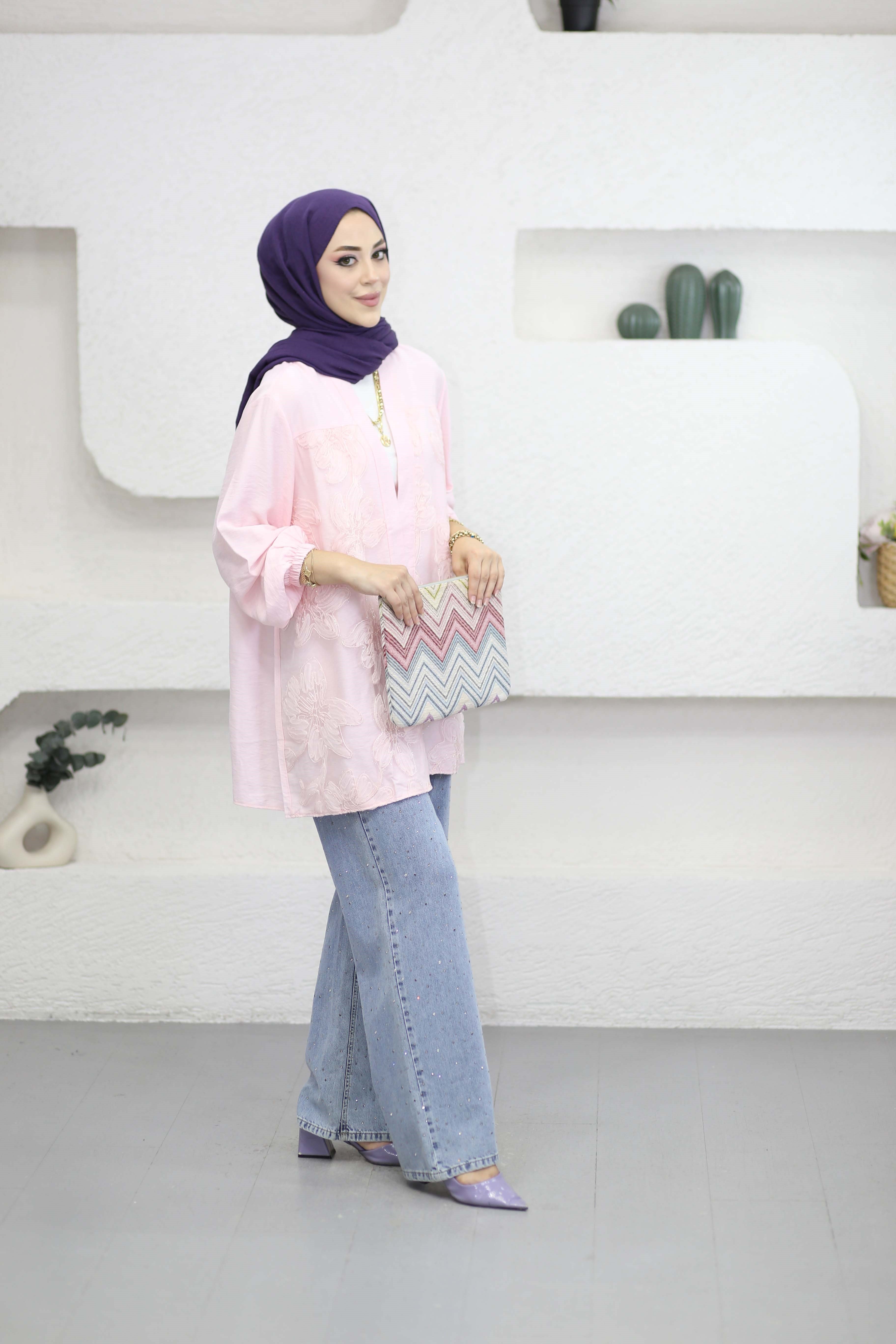 Tül Çiçek Desenli Kimono Pembe 26112