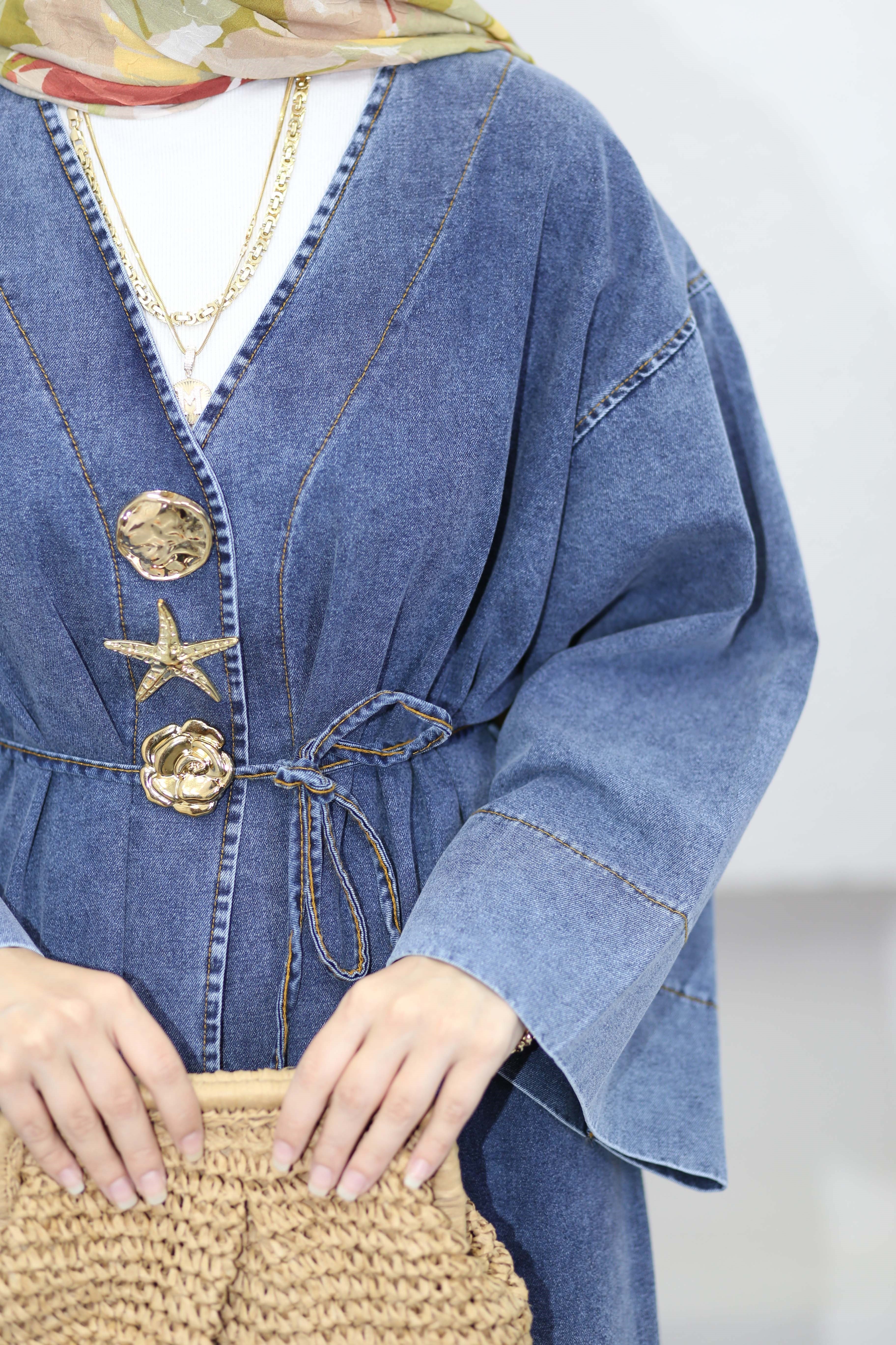 Broşlu Denim Kimono Açık Mavi 9133