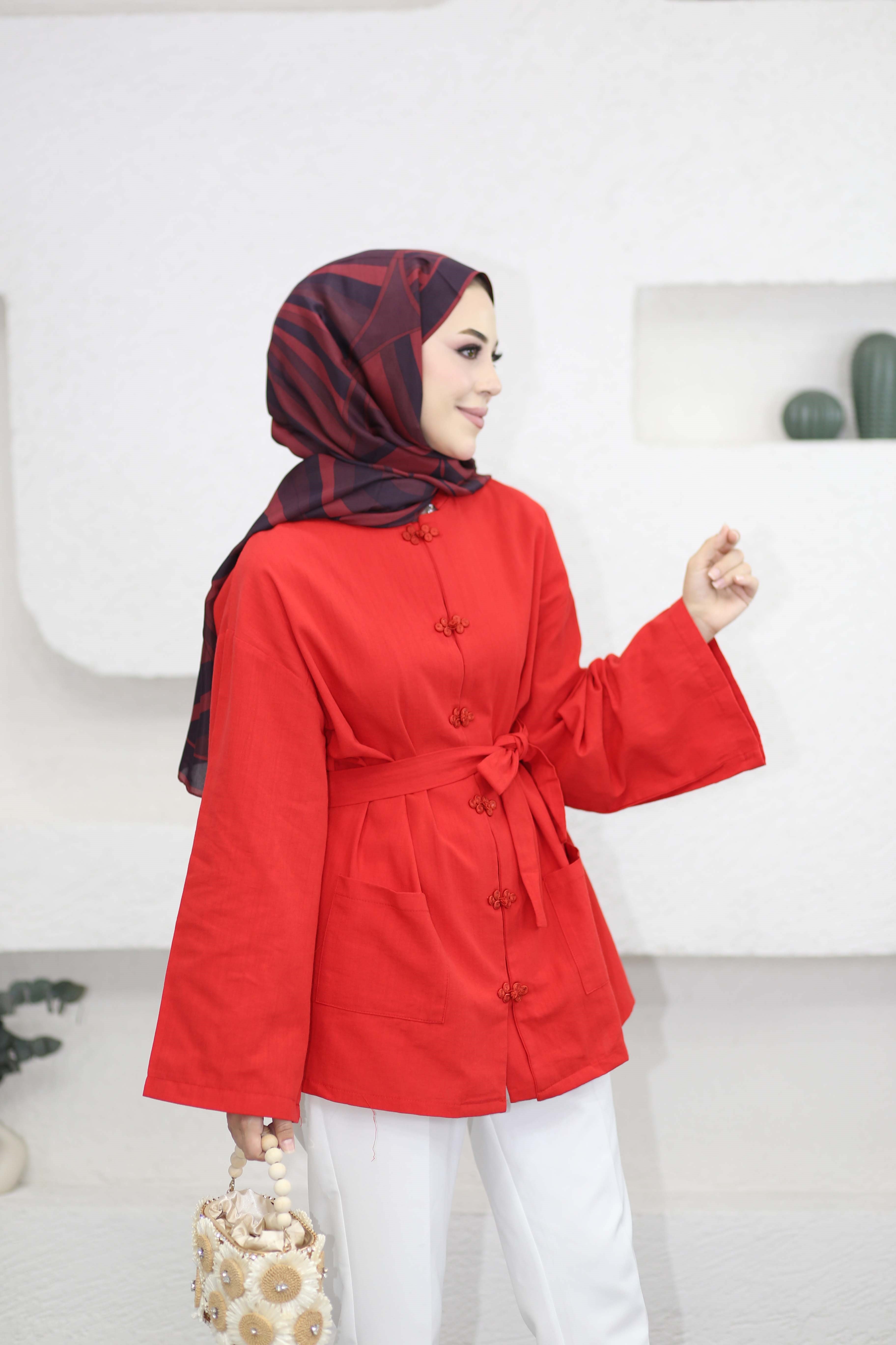 Kelebek Düğmeli Kimono Kırmızı 61434