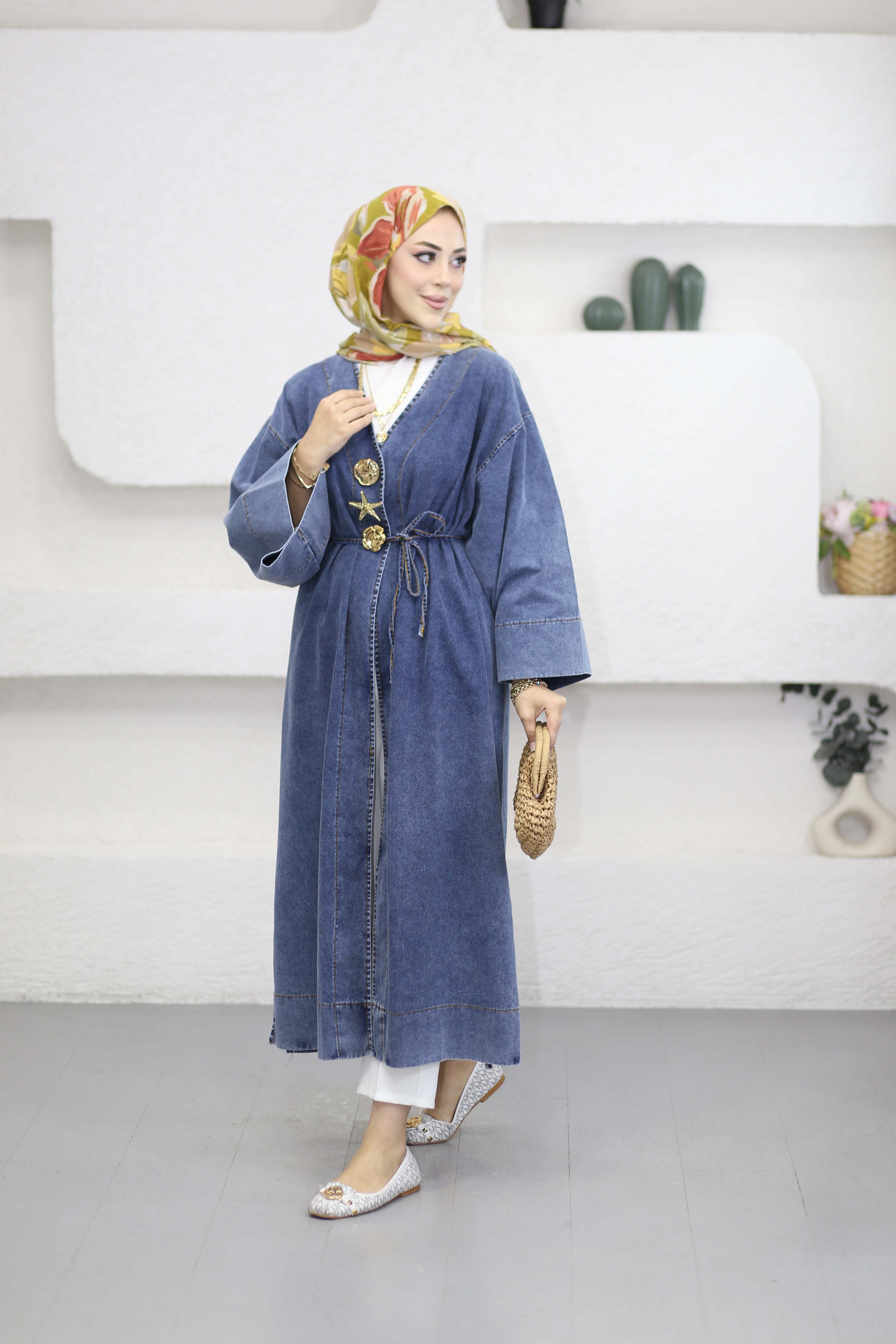 Broşlu Denim Kimono Açık Mavi 9133