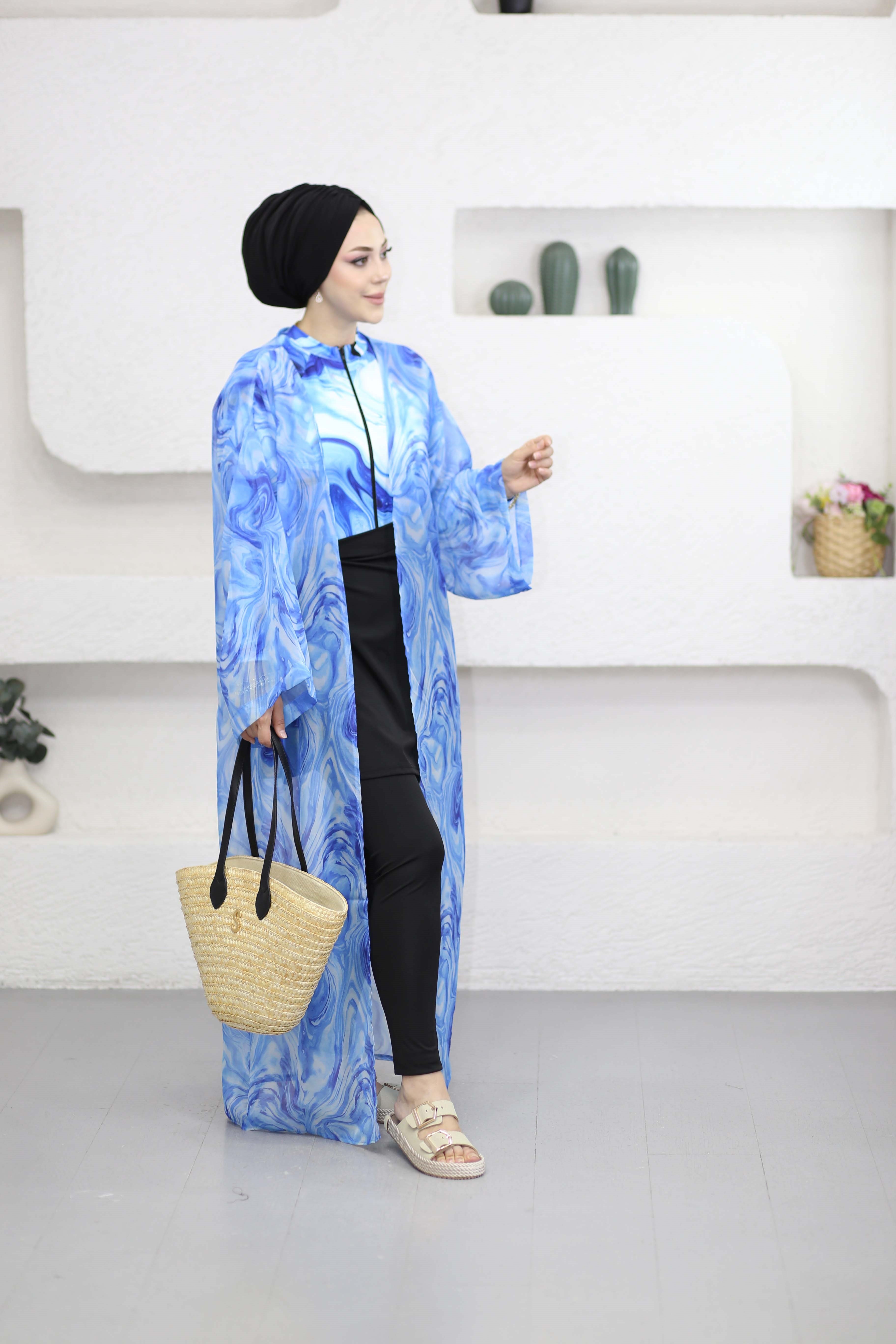 Desenli Kimono Mavi 0002