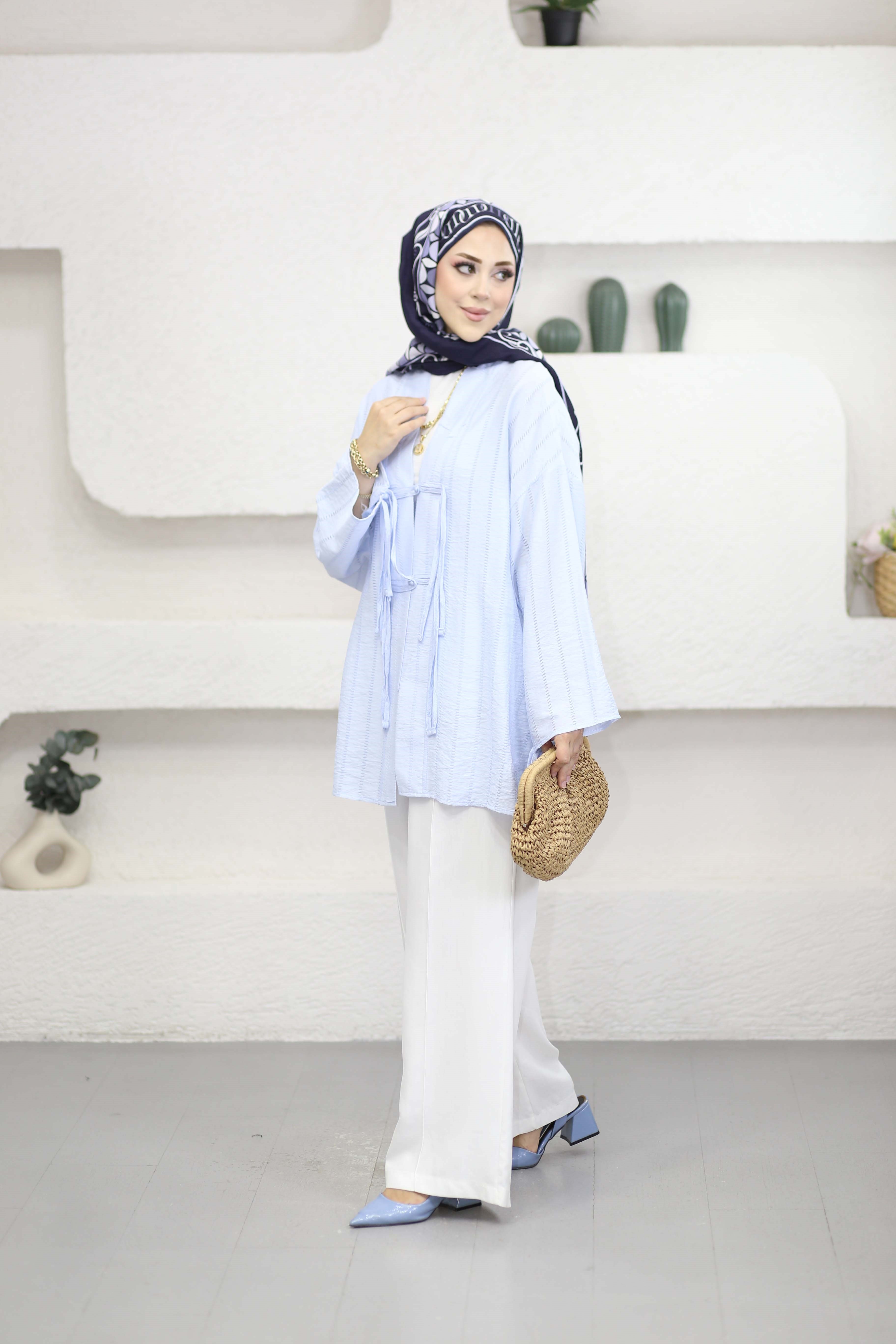 Düğme Bağcıklı Kimono Mavi 1185