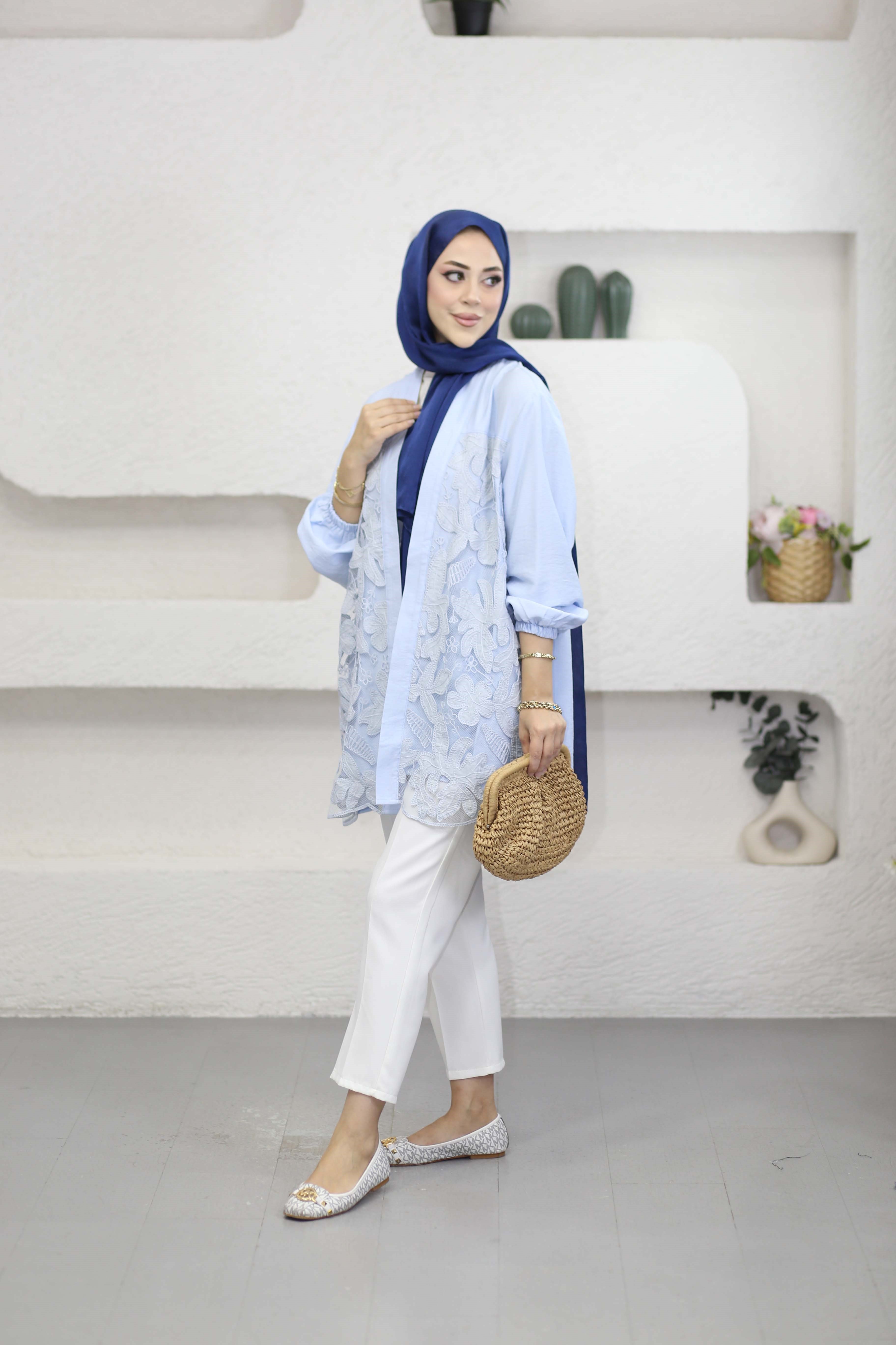 Güpür Çiçek Desenli Kimono Mavi 26111