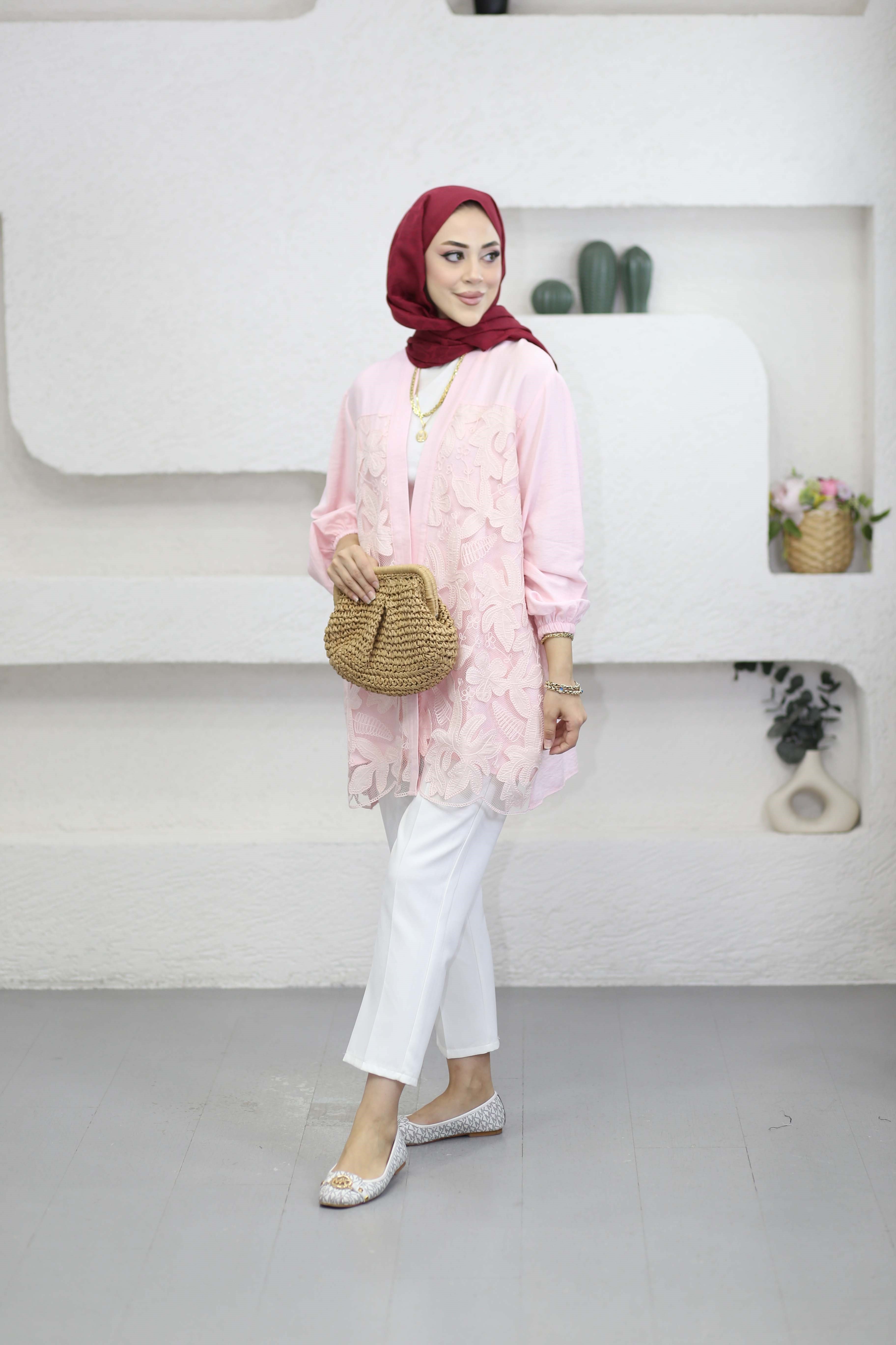 Güpür Çiçek Desenli Kimono Pembe 26111