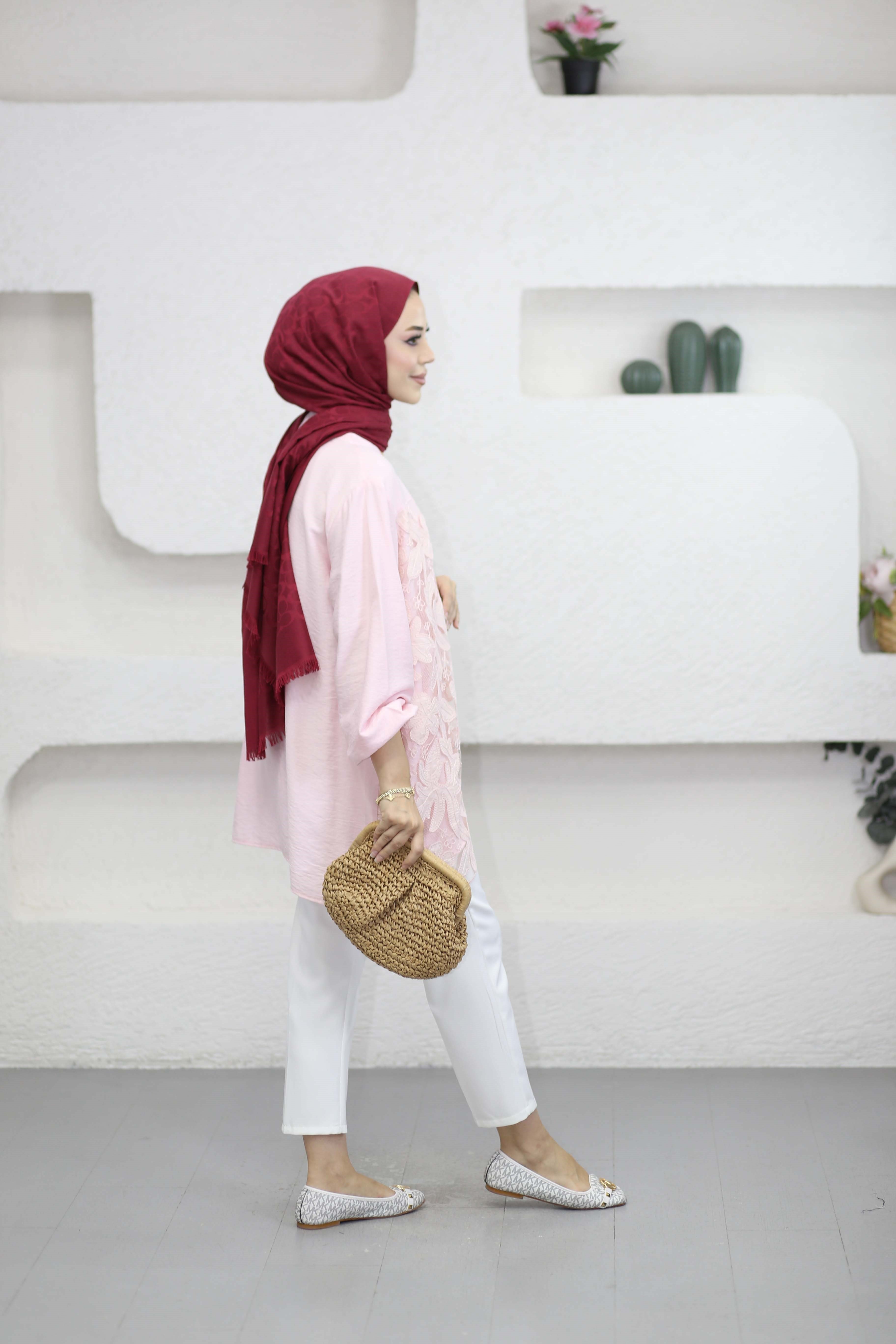 Güpür Çiçek Desenli Kimono Pembe 26111