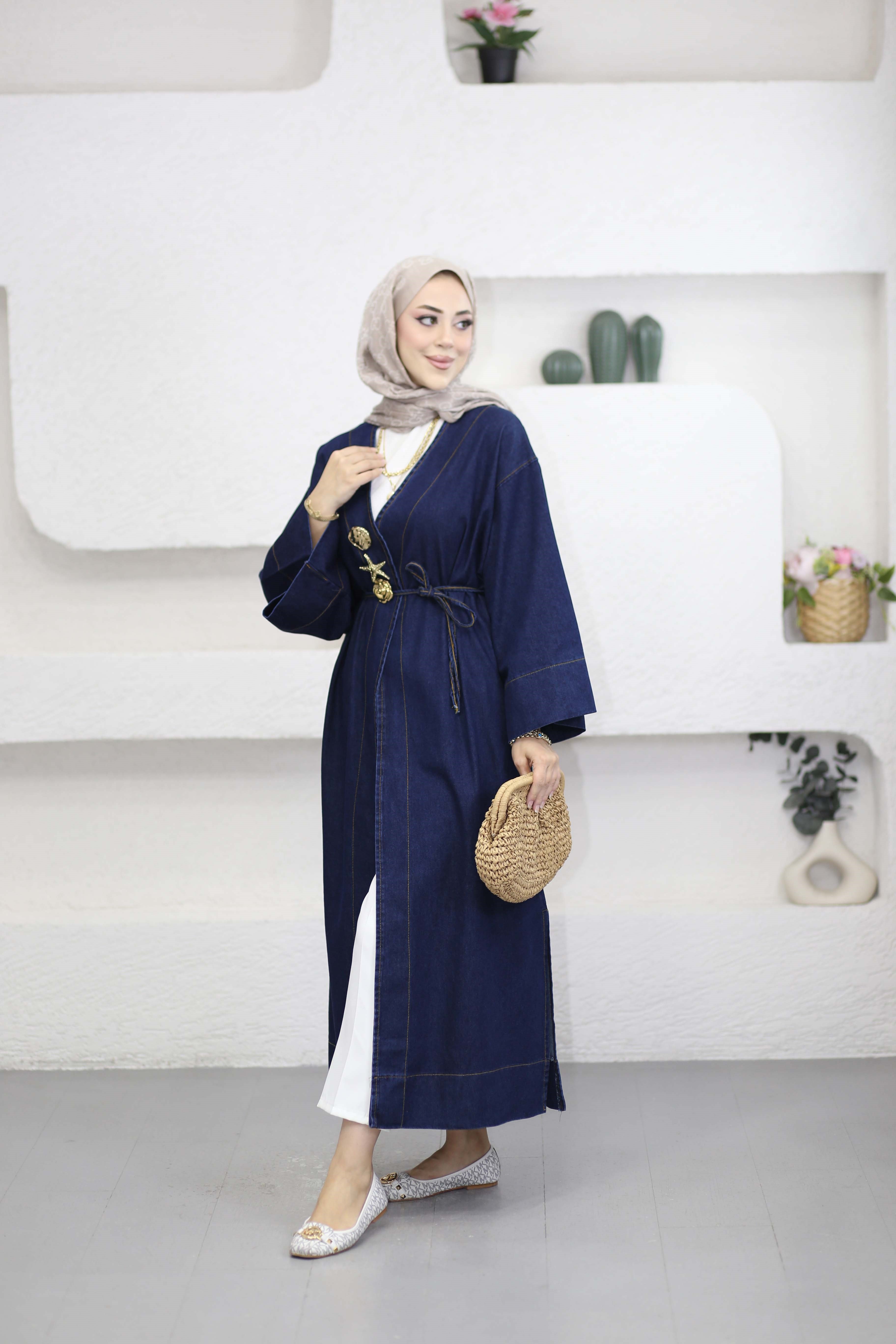 Broşlu Denim Kimono Koyu Mavi 9133