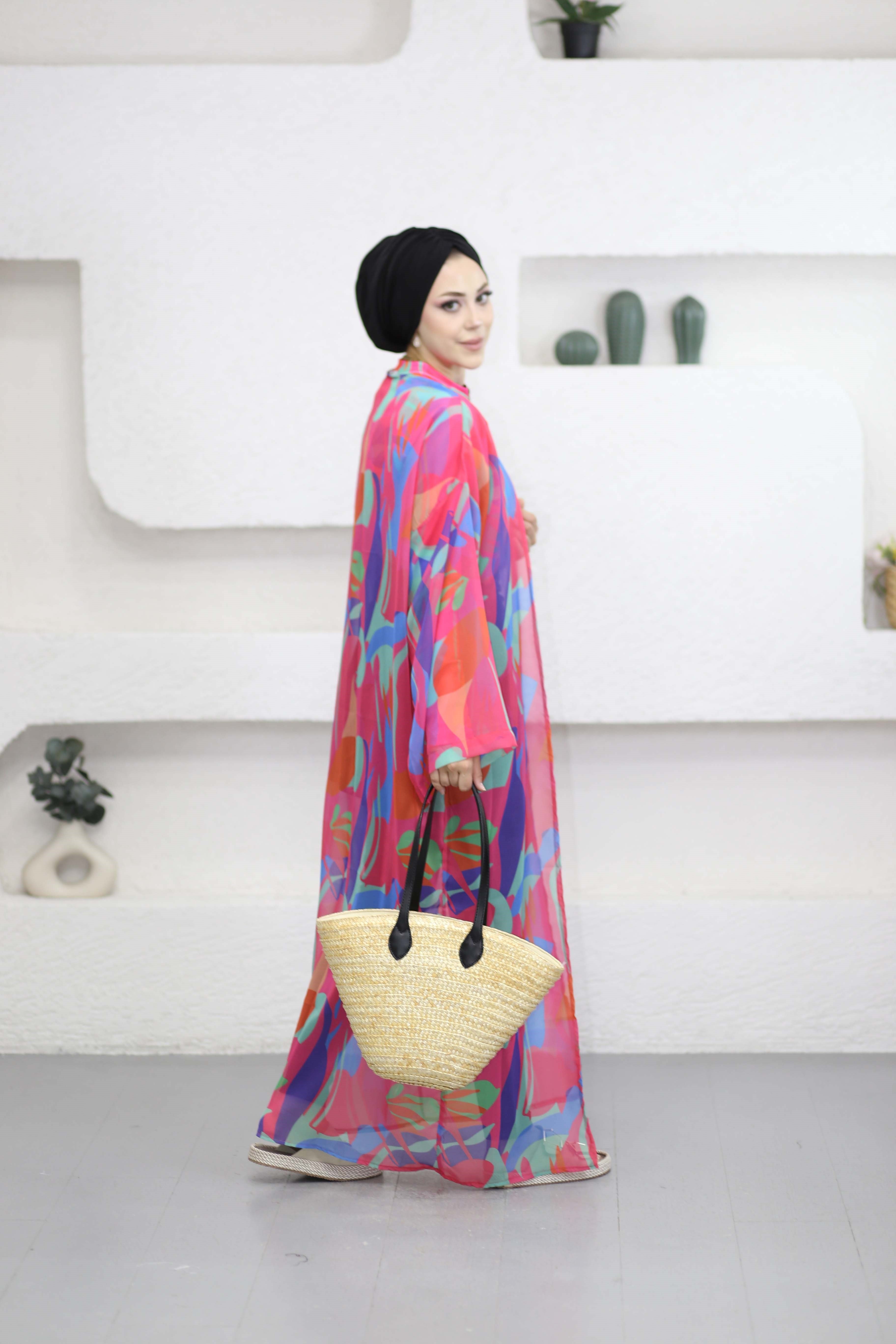 Desenli Kimono Fuşya 0002