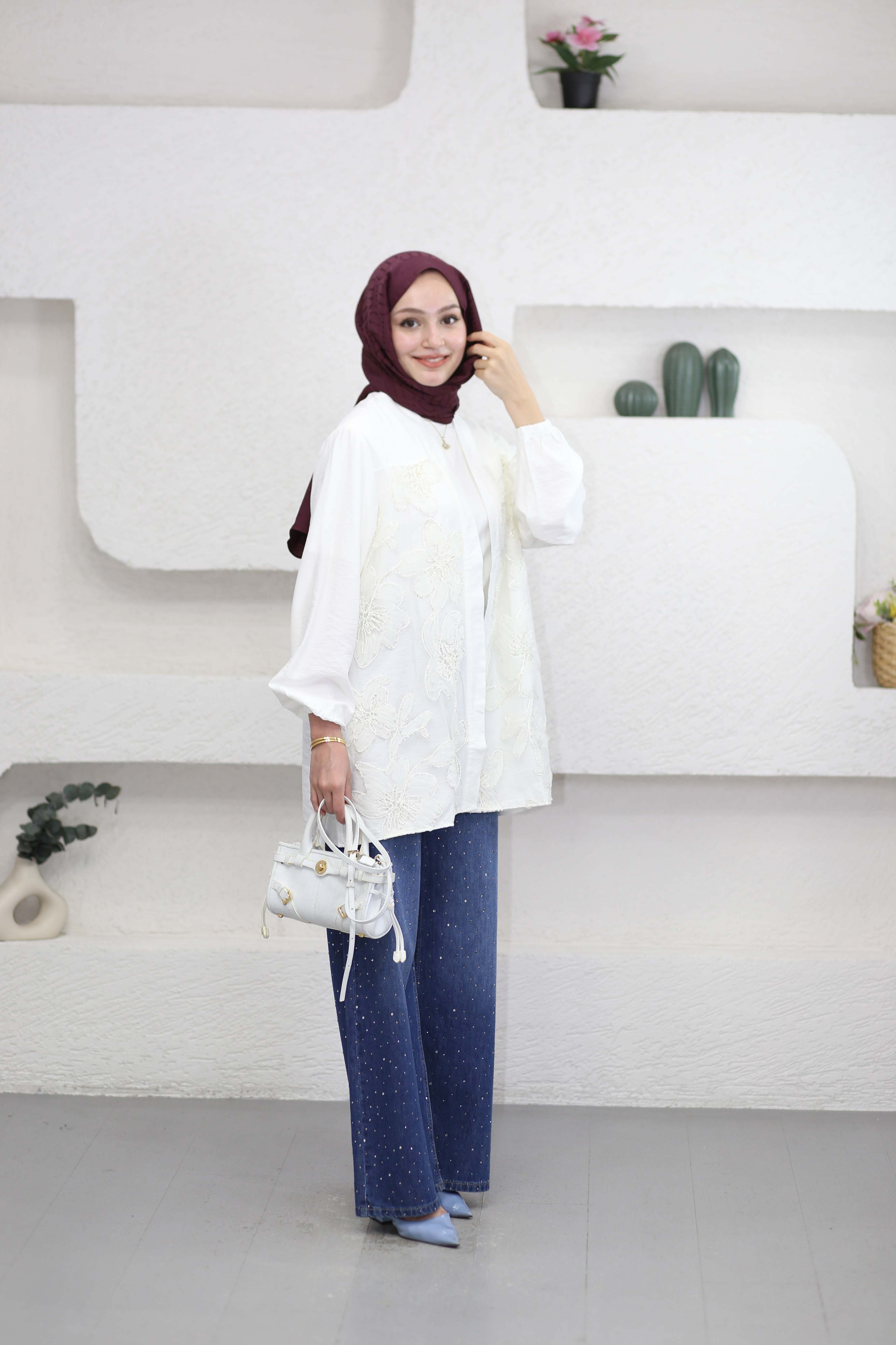 Tül Çiçek Desenli Kimono Beyaz 26112