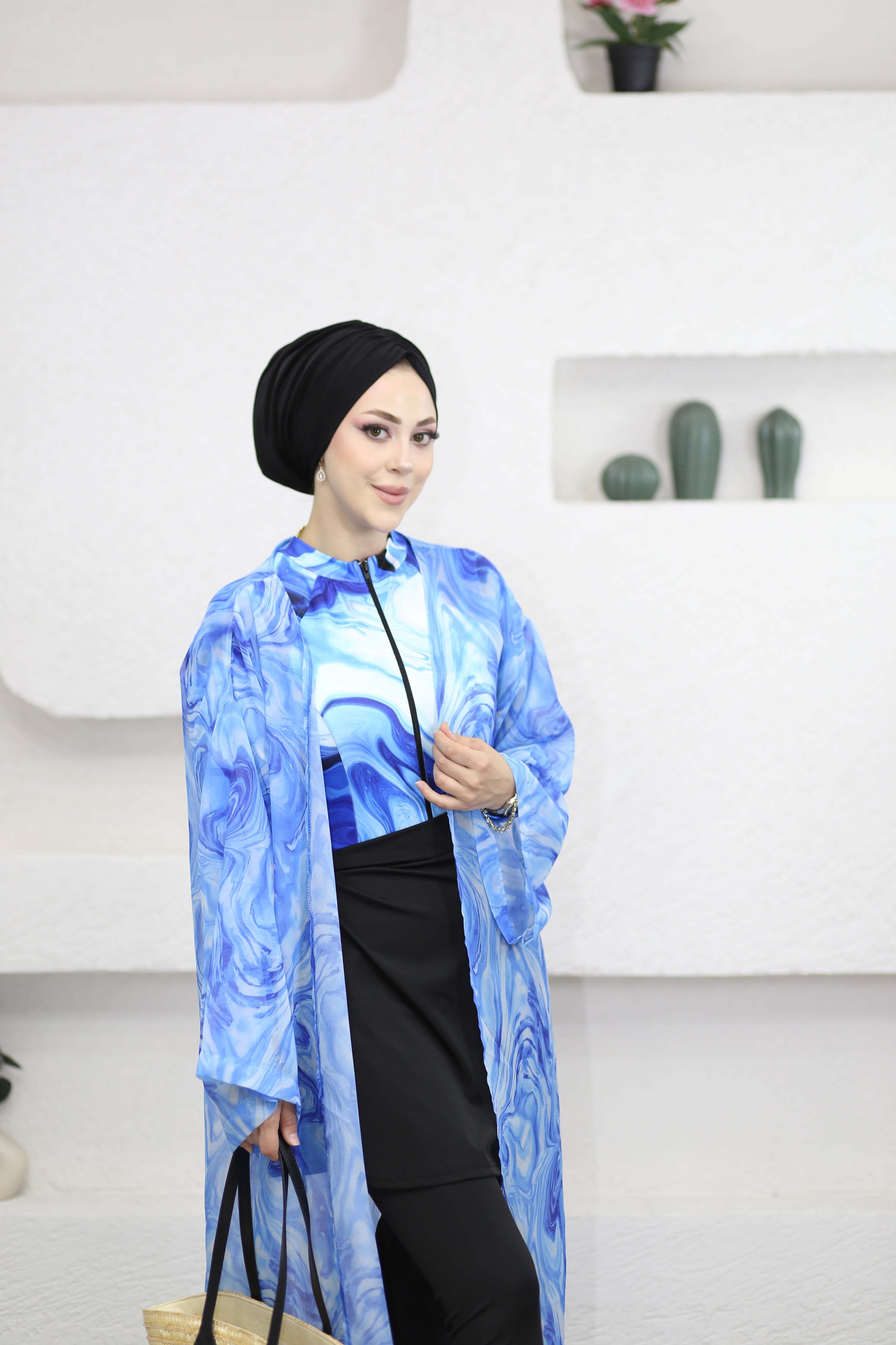 Desenli Kimono Mavi 0002