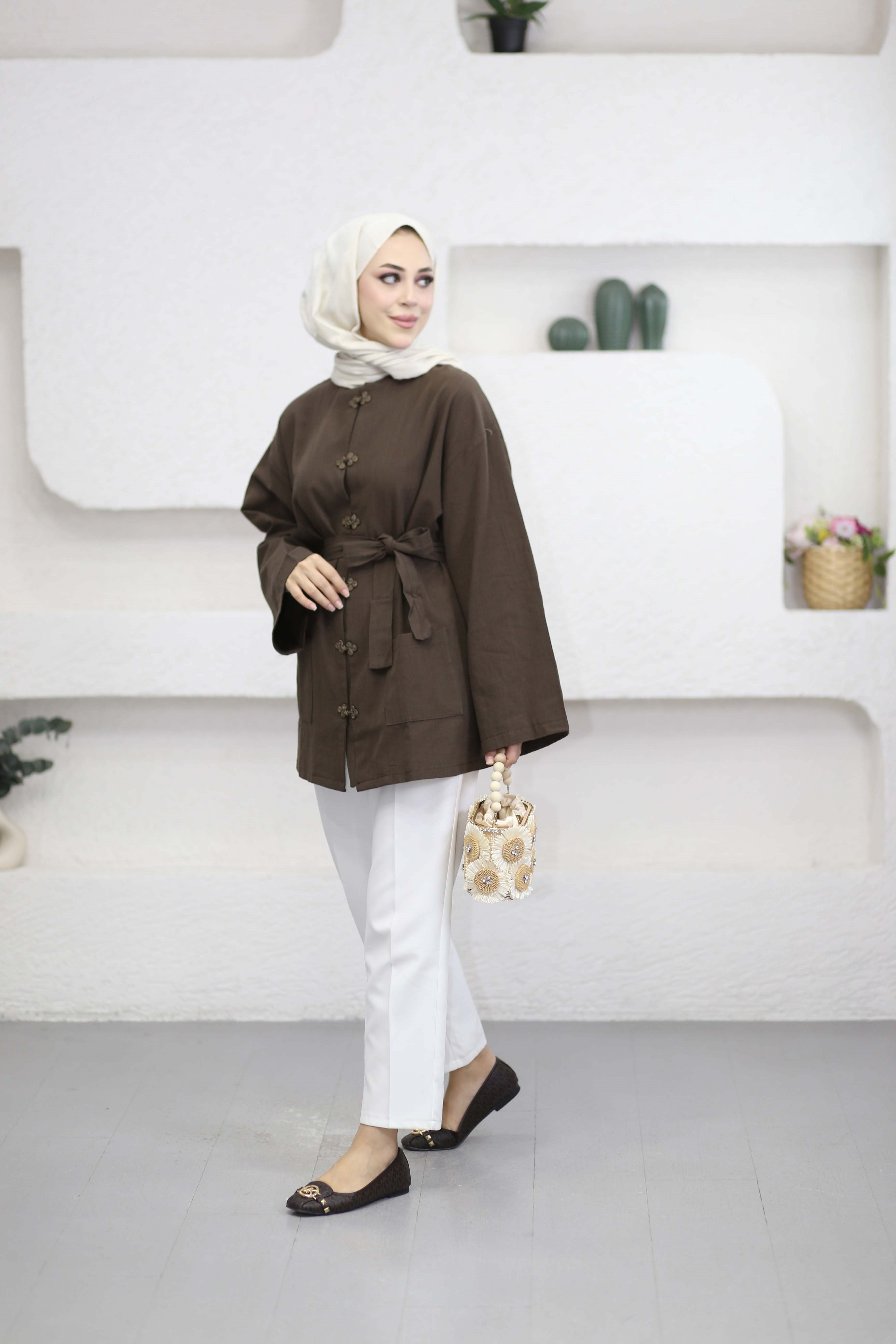 Kelebek Düğmeli Kimono Kahverengi 61434