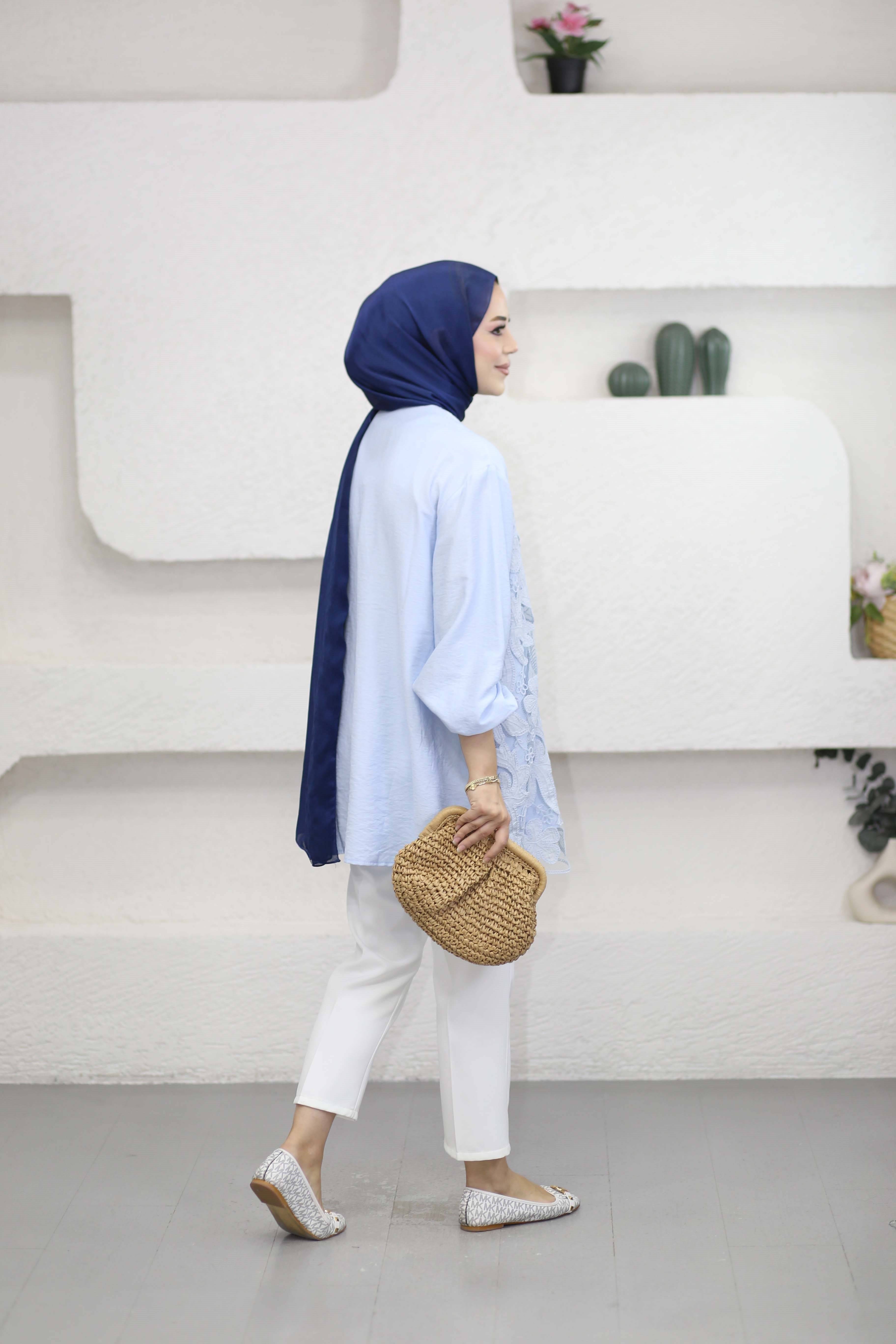 Güpür Çiçek Desenli Kimono Mavi 26111