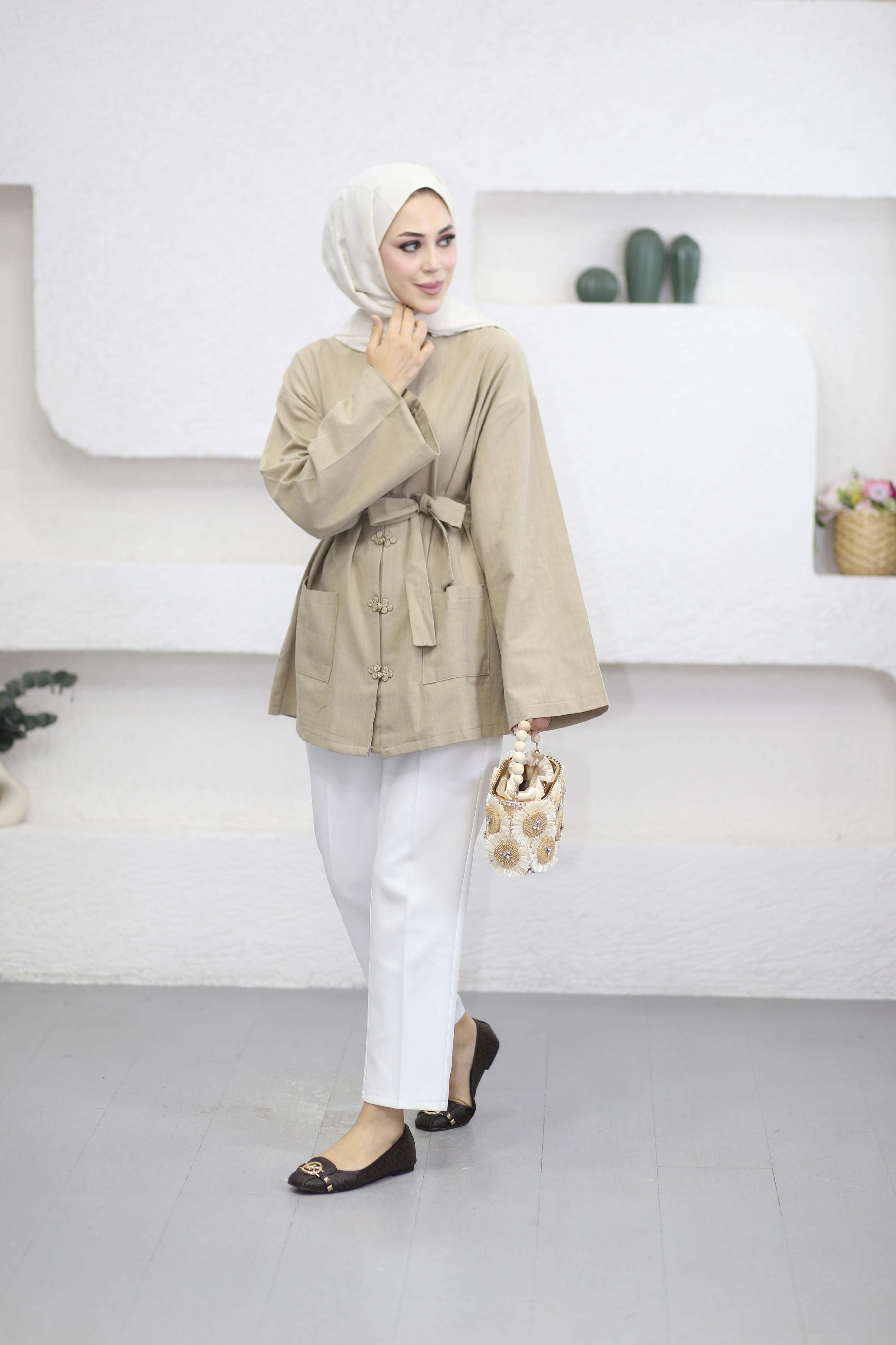 Kelebek Düğmeli Kimono Vizon 61434