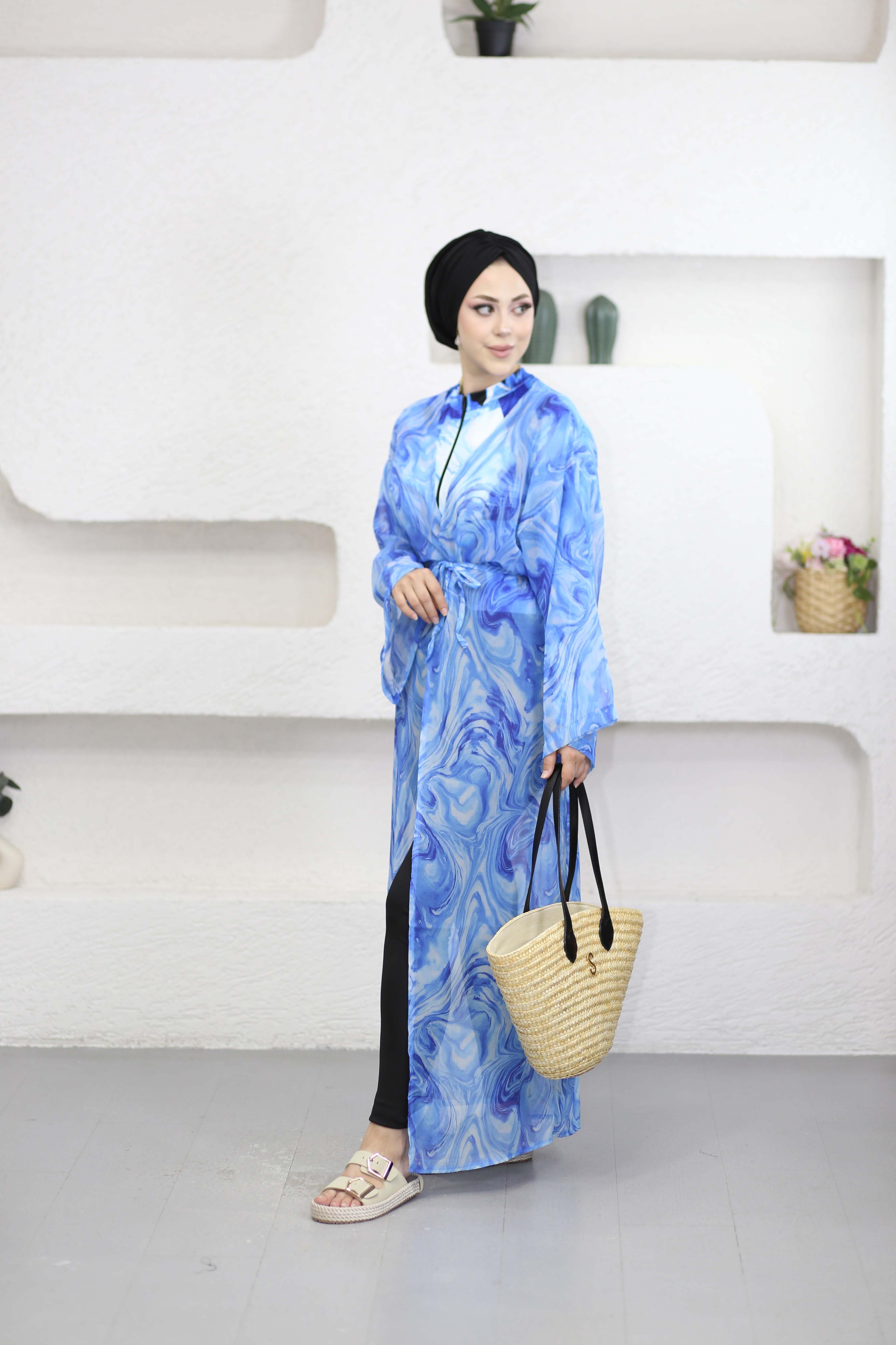 Desenli Kimono Mavi 0002