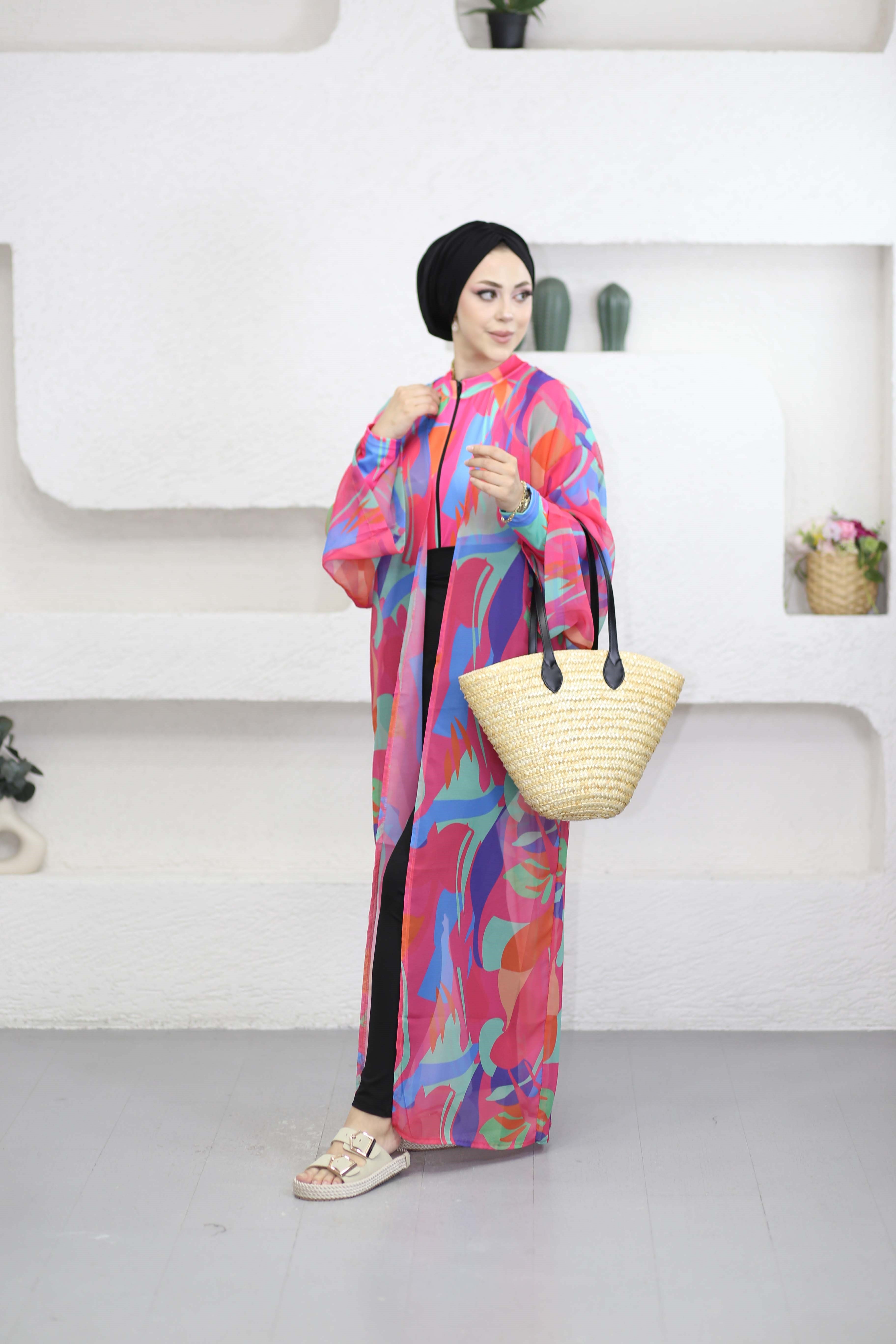 Desenli Kimono Fuşya 0002